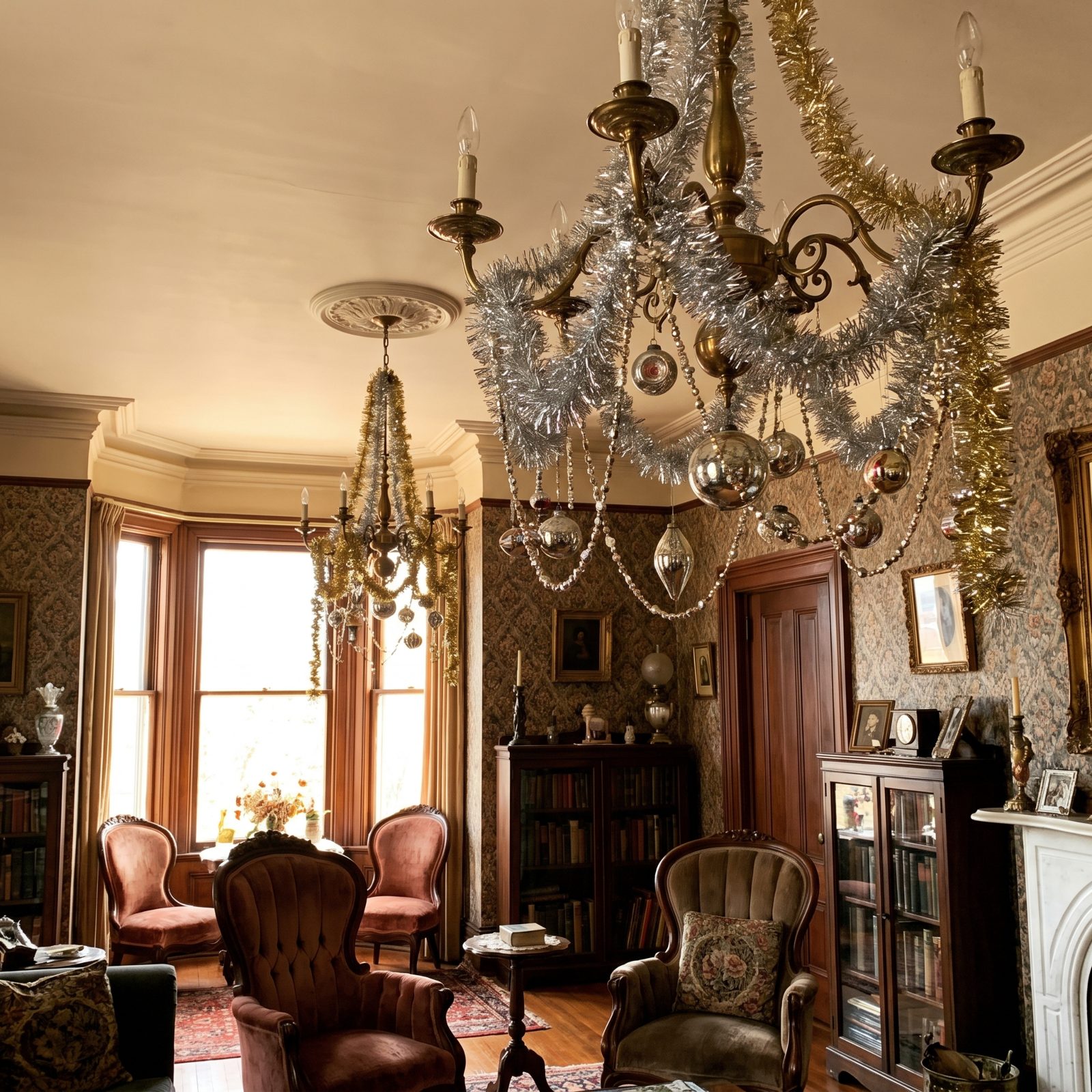 A Maximalist Parlor Under Layered Tinsel Chandeliers