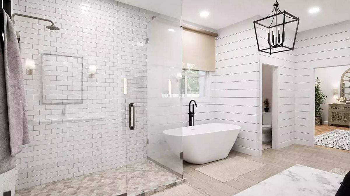 Freestanding Tub, Shiplap Walls, Farmhouse Bathroom Done Without Fuss