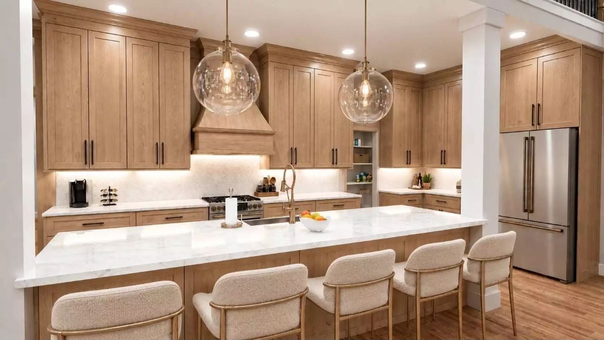 Globe Pendants, Marble Island, Natural Wood Doing All the Heavy Lifting