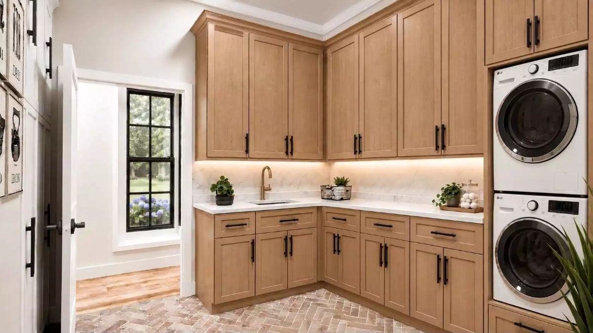 Stacked LG Units, Warm Wood Cabinets, Laundry Room That Actually Earns Its Square Footage