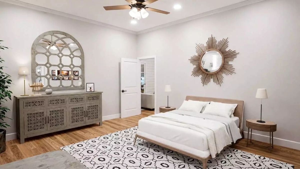 Sunburst Mirror, Lattice Dresser, One Room Pulling Two Design Directions Together