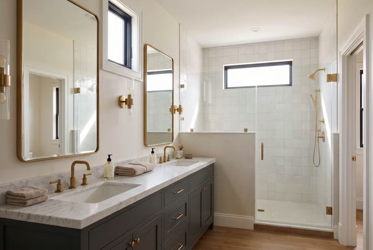 Brass Fixtures, Dark Vanity, and a Shower That Earns Its Square Footage