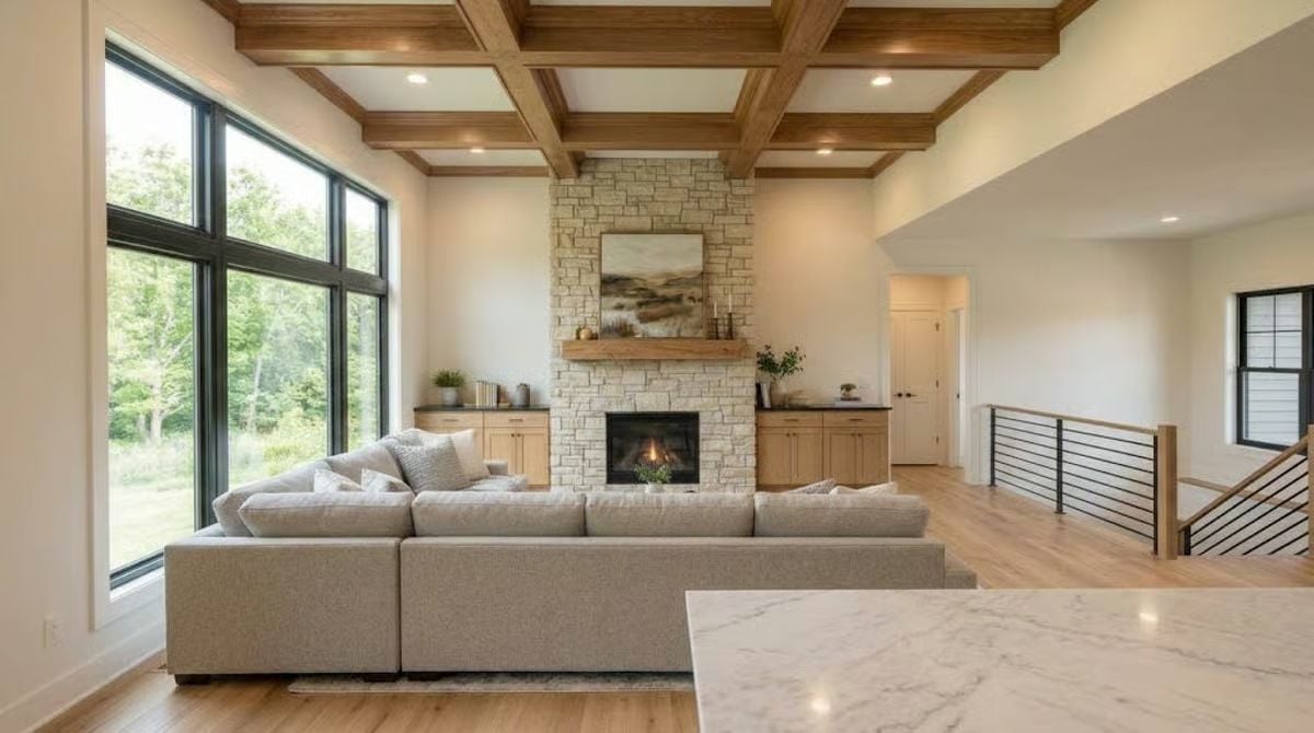 Coffered Ceiling, Stone Fireplace, and Zero Reasons to Leave the Main Floor