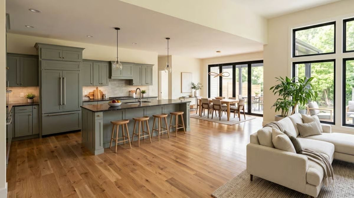 Sage Cabinets, Five Barstools, and a Kitchen That Actually Has Room to Breathe
