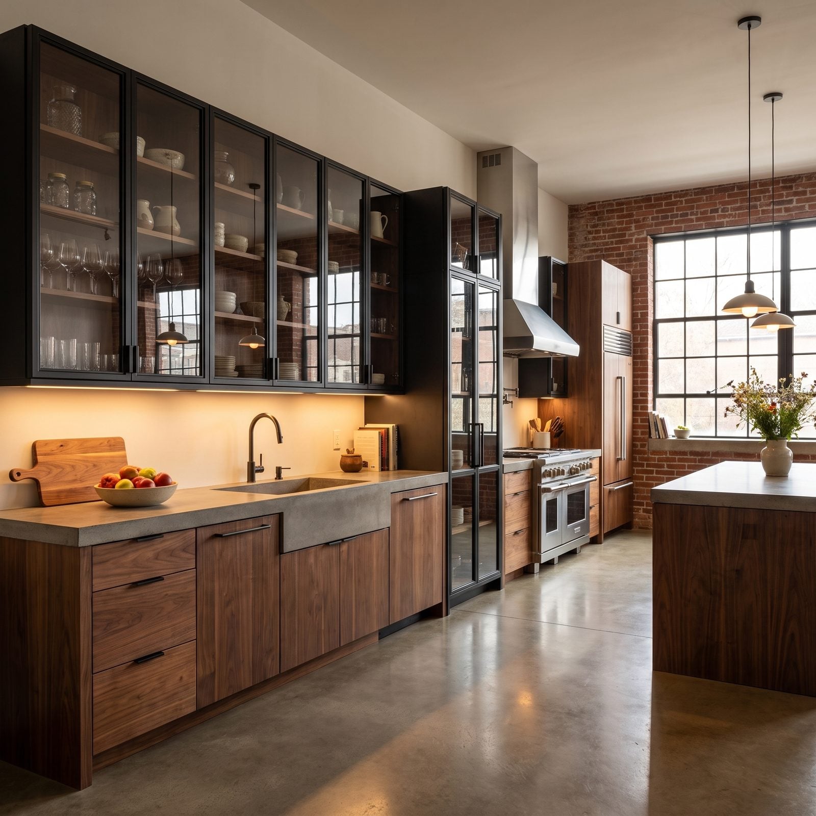 Kitchen with metal-framed glass cabinet doors: Slim black metal-framed glass uppers and a glass pantry above walnut lowers in a brick loft.
