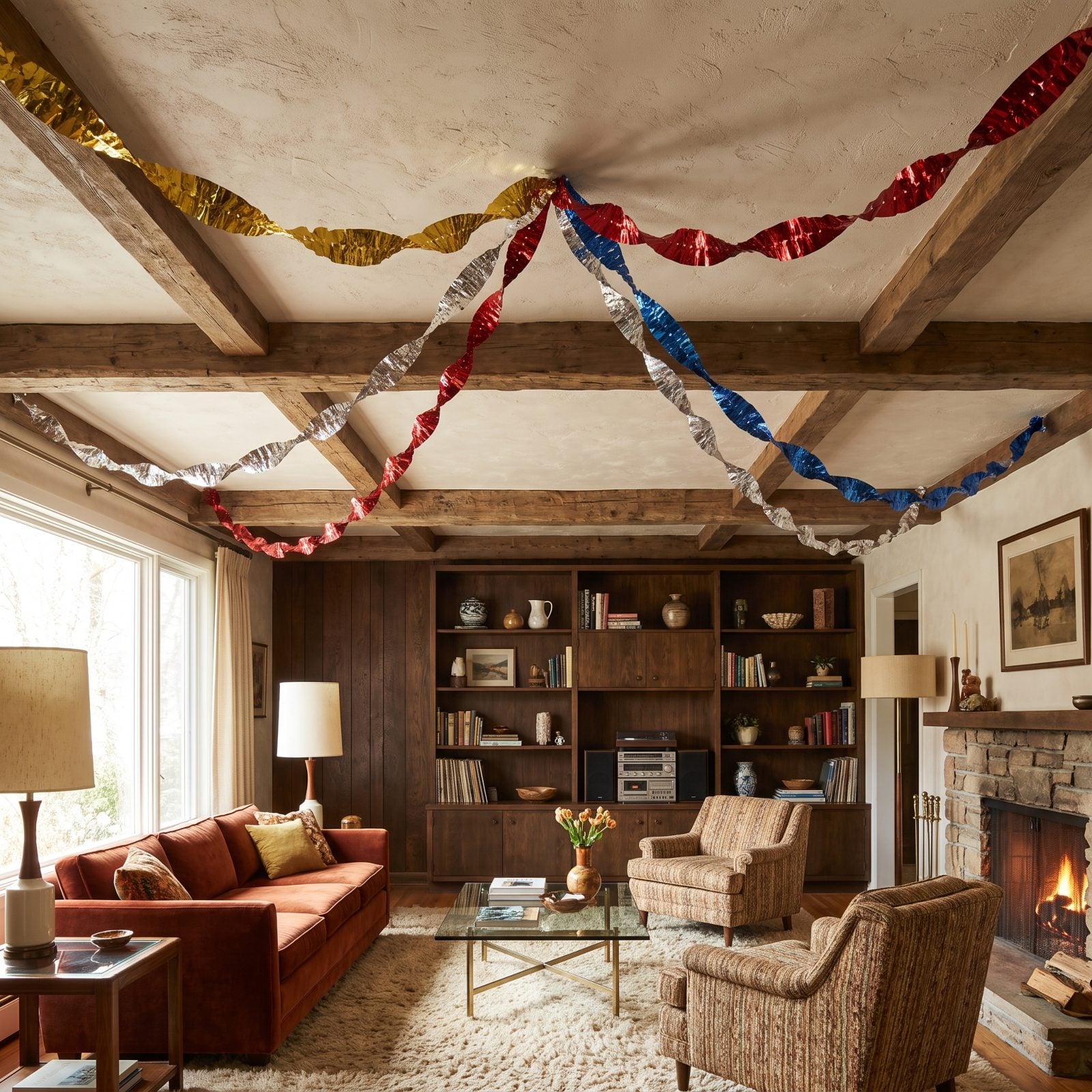 Metallic Foil Garlands Draped Across the Ceiling