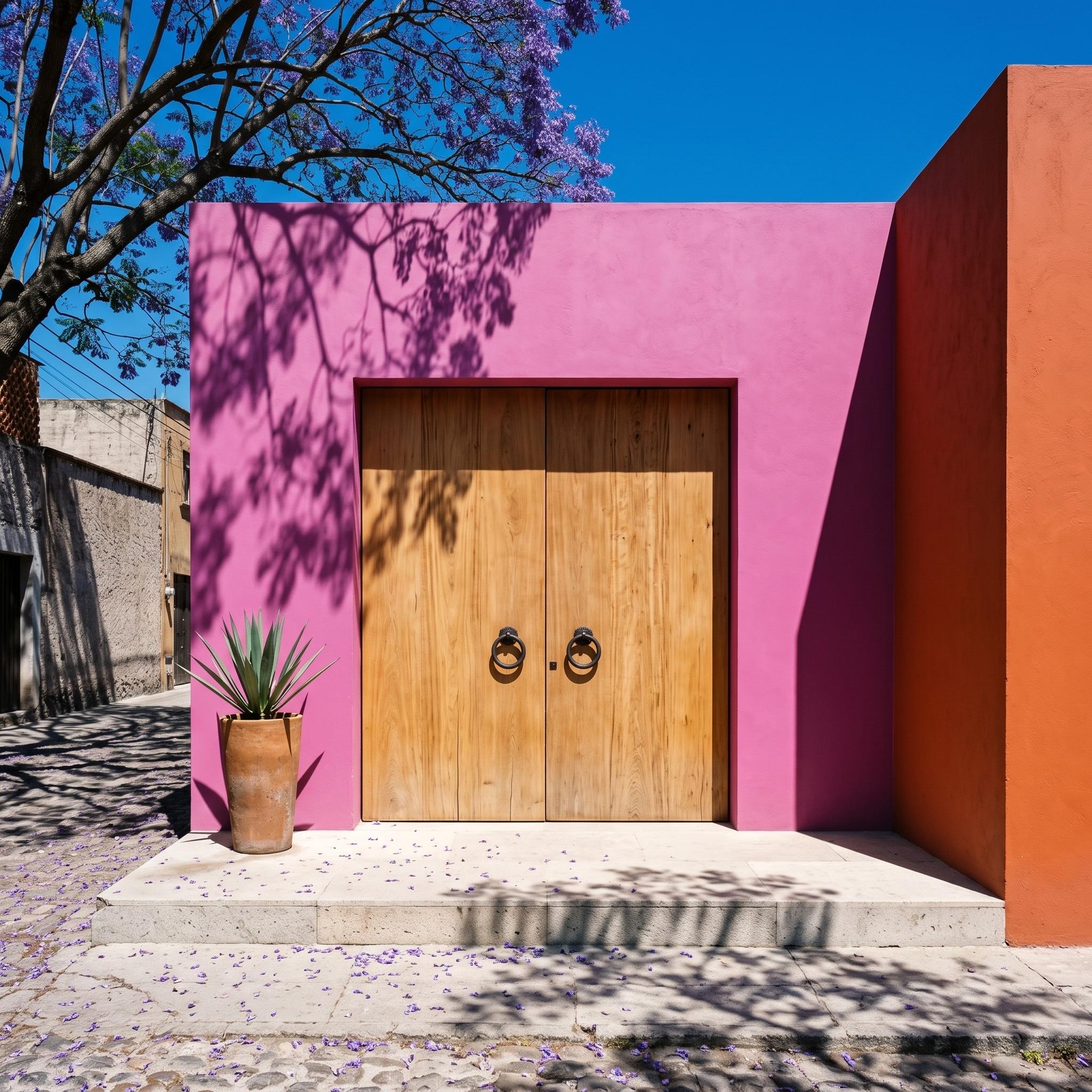 Natural timber double doors with black circular handles framed by vivid pink and orange stucco
