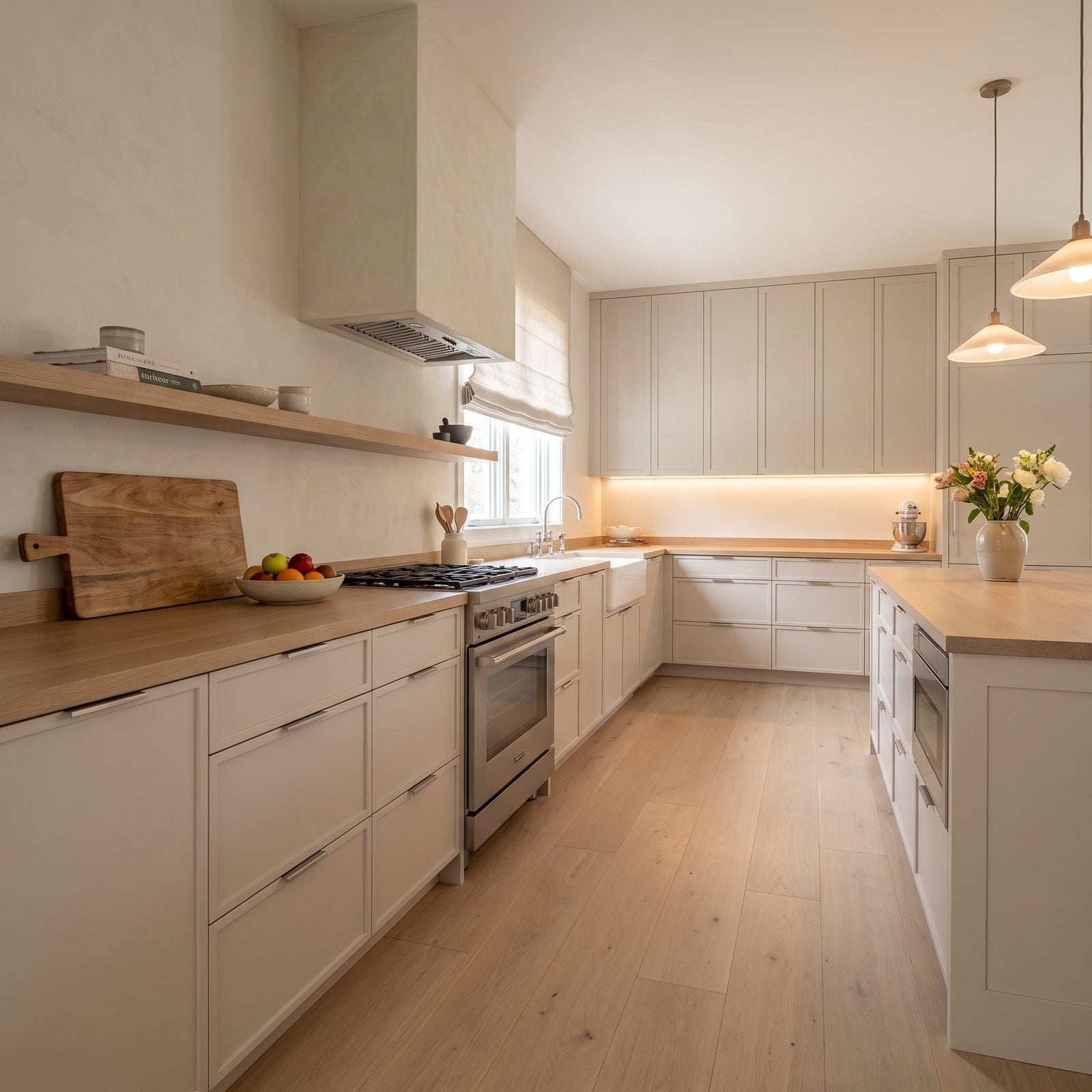 Kitchen with micro shaker cabinet doors: Micro Shaker doors in pale mushroom, with a white oak counter and plaster range hood.