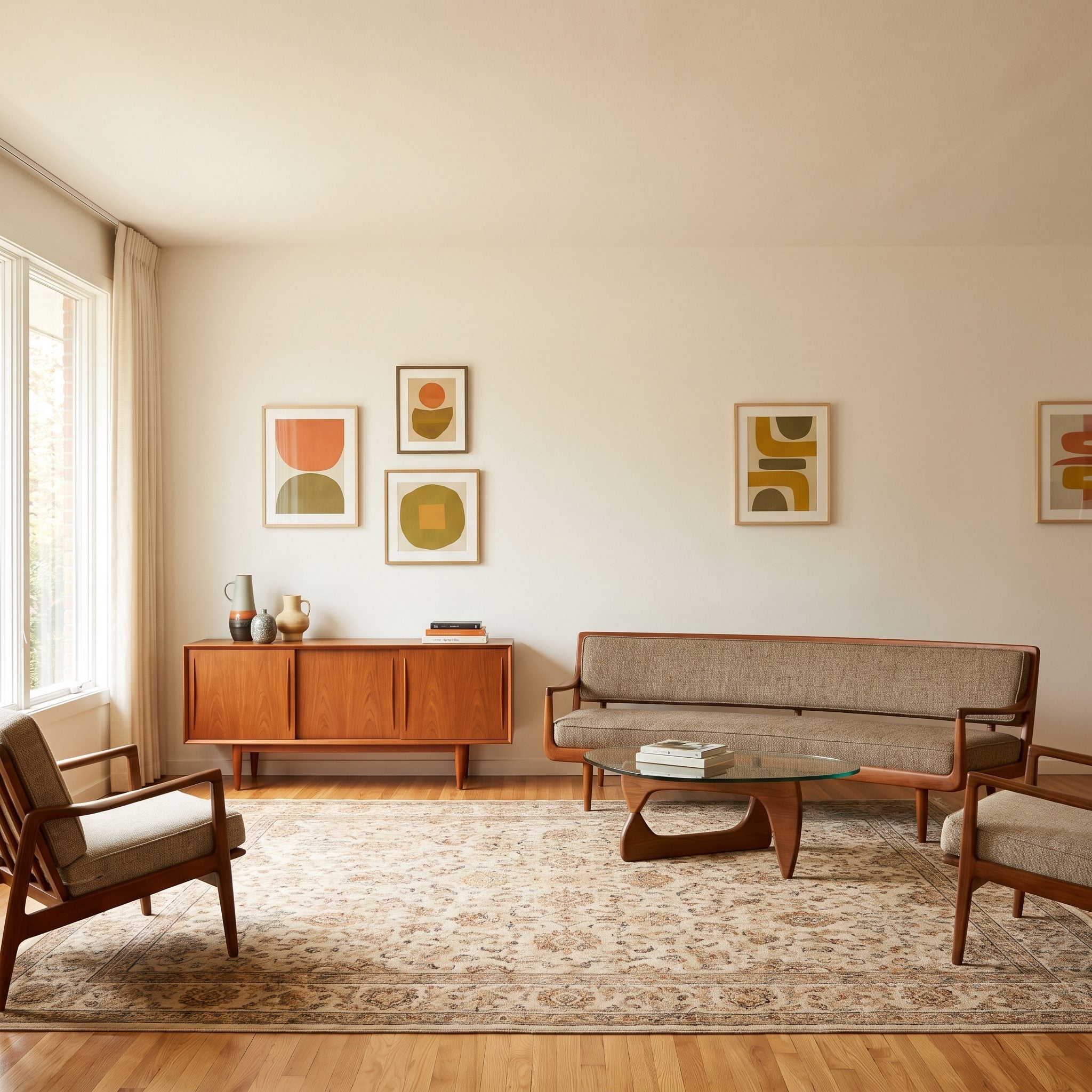 Mustard sofa beneath four widely spaced small prints with a teak lamp wearing an undersized shade.