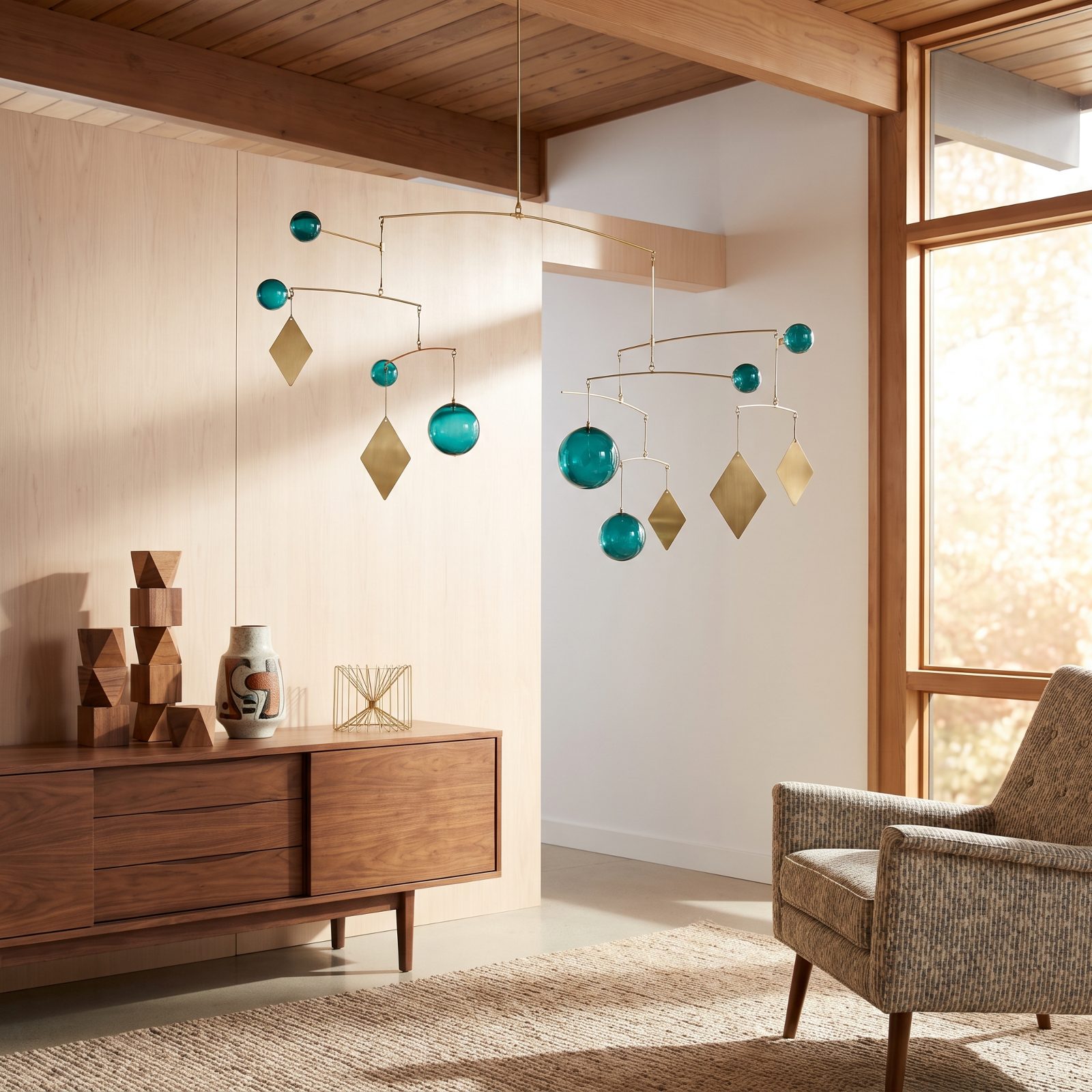 A Midcentury Room Beneath a Mobile of Geometric Ornaments