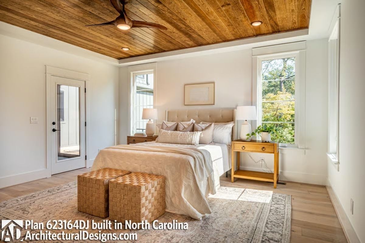 Wood Ceiling, Woven Ottomans, and a Bed That Doesn't Need Much Else