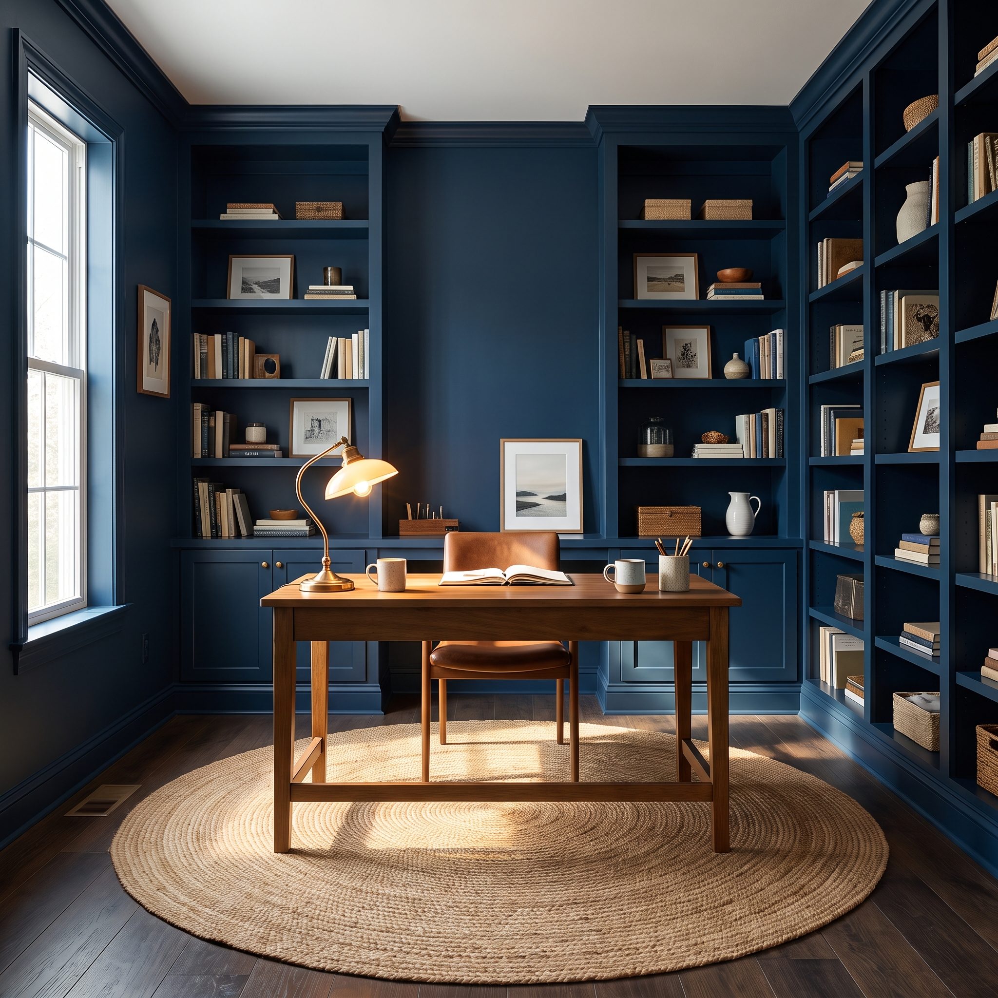 Midnight Blue Home Office, Built-In Bookcases Disappear Into the Architecture