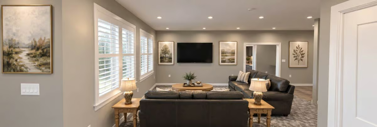 Leather, Lamp Glow, and Plantation Shutters Doing a Lot of Heavy Lifting