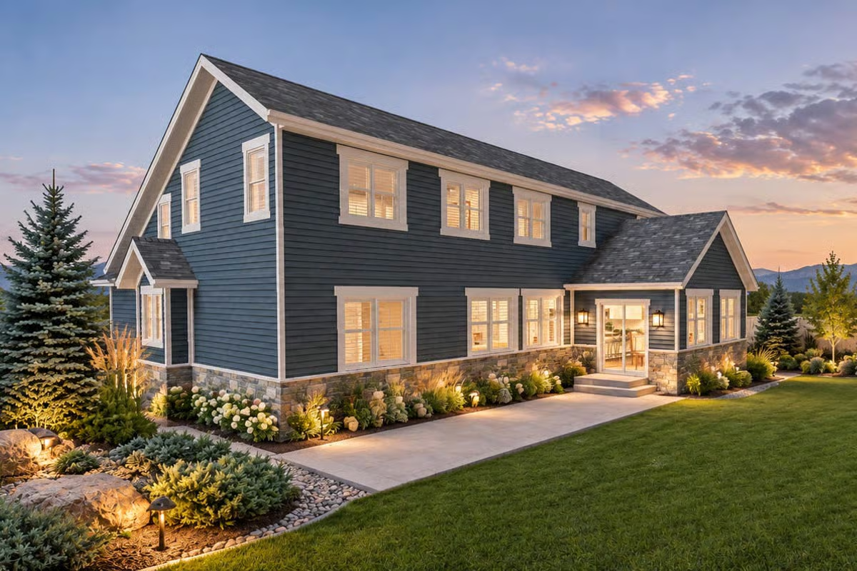Slate Blue Siding and Stone Base at Golden Hour