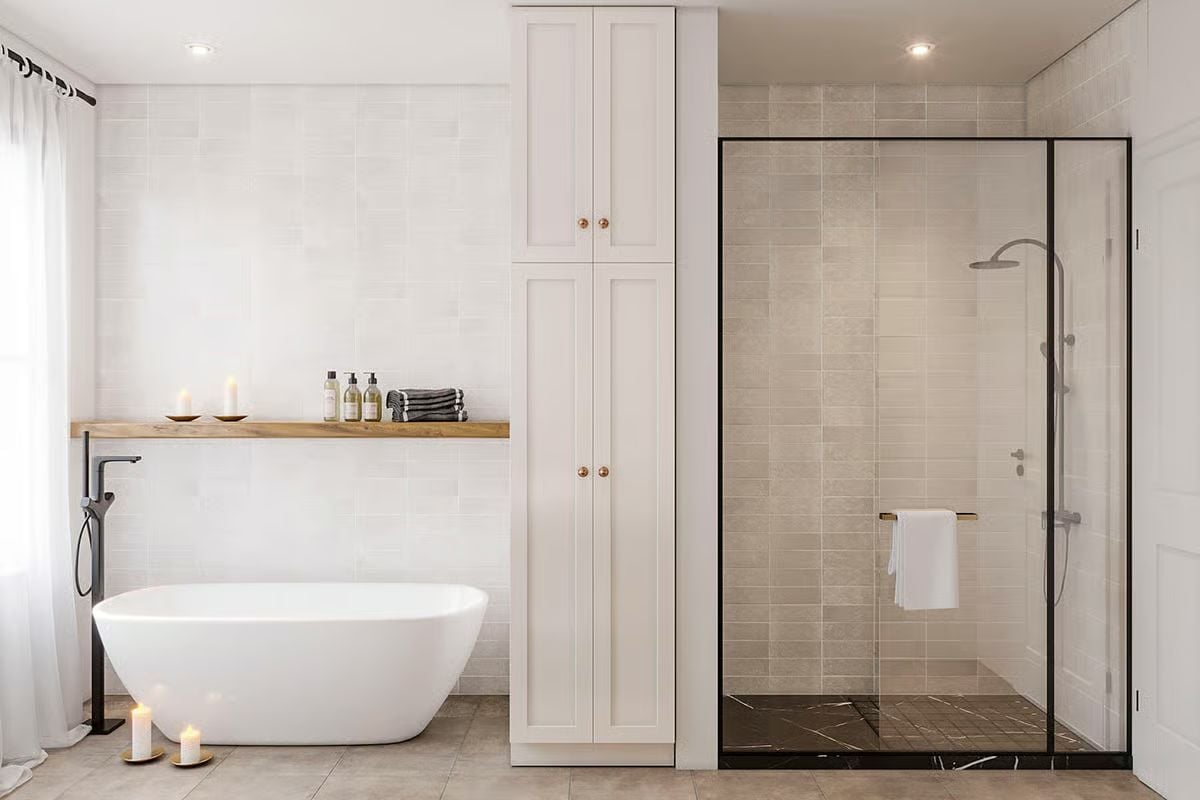 Freestanding Tub, Black Frame Shower, and Candles on the Floor — Wait, That's Just Good Styling