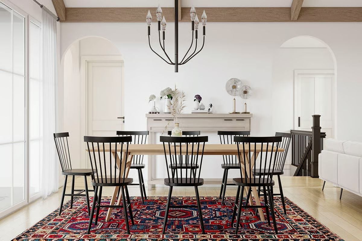 Red Persian Rug Anchors a Black-and-Natural Wood Dining Room With Real Staying Power