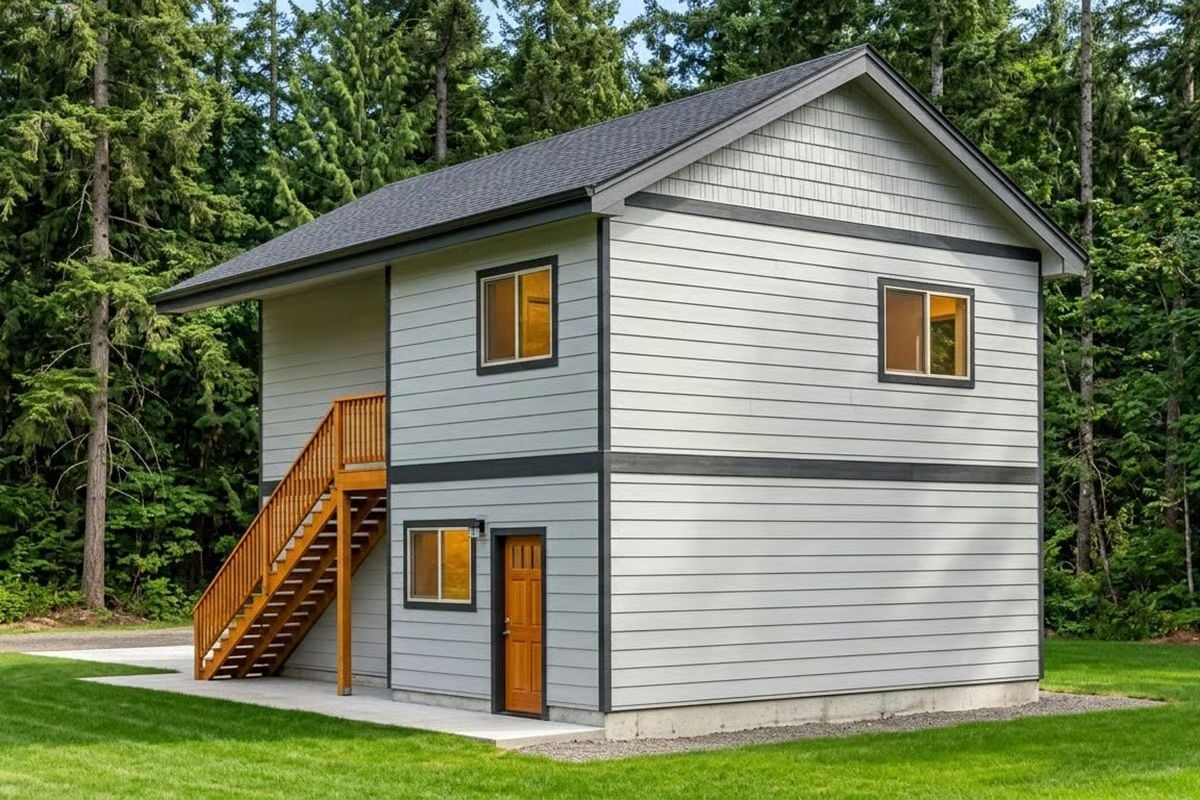 Exterior Stairs Lead Up to Living Space Above a Double Garage