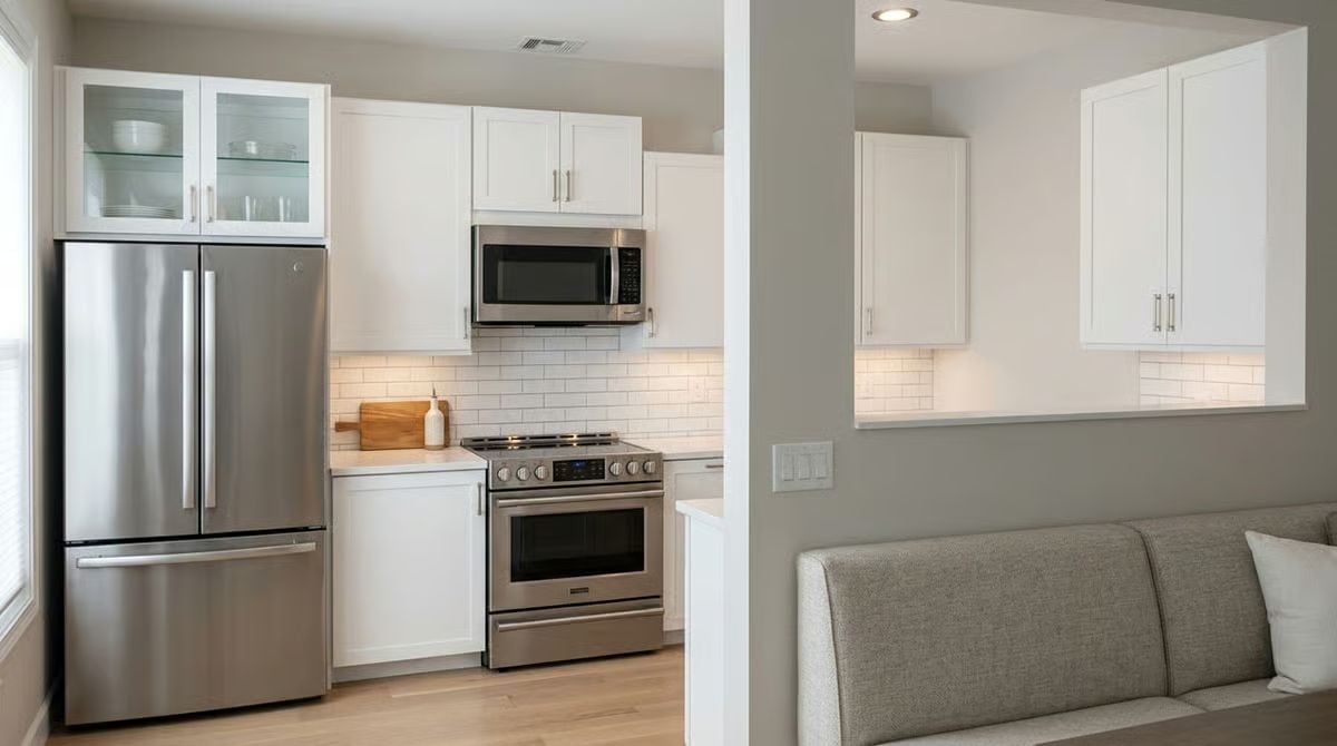 Stainless Steel and White Shaker Cabinets Pull Off the Classic Without Trying Too Hard