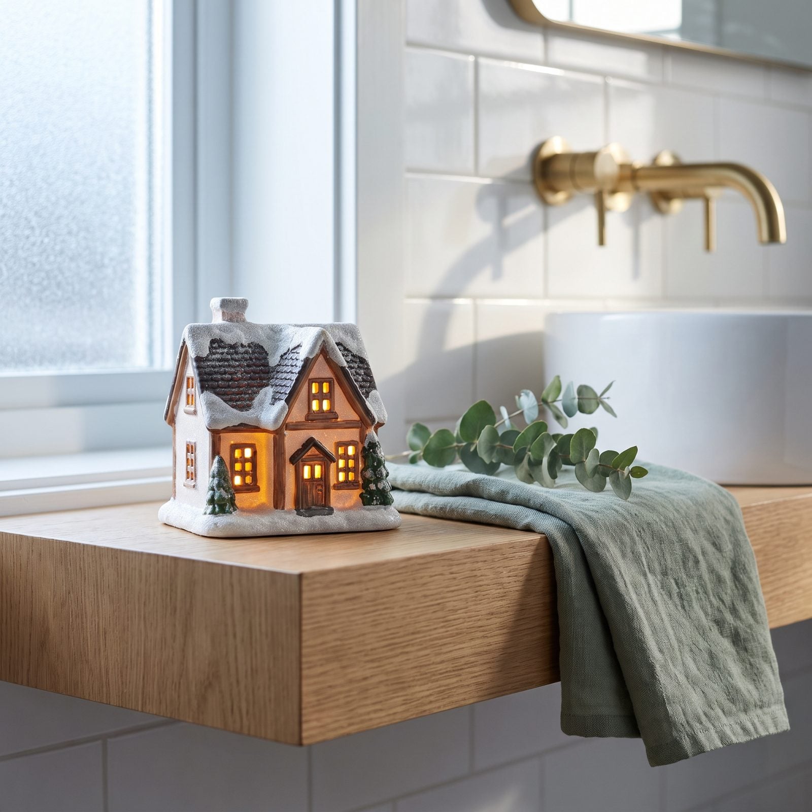 A Miniature House Glowing on a Bathroom Shelf