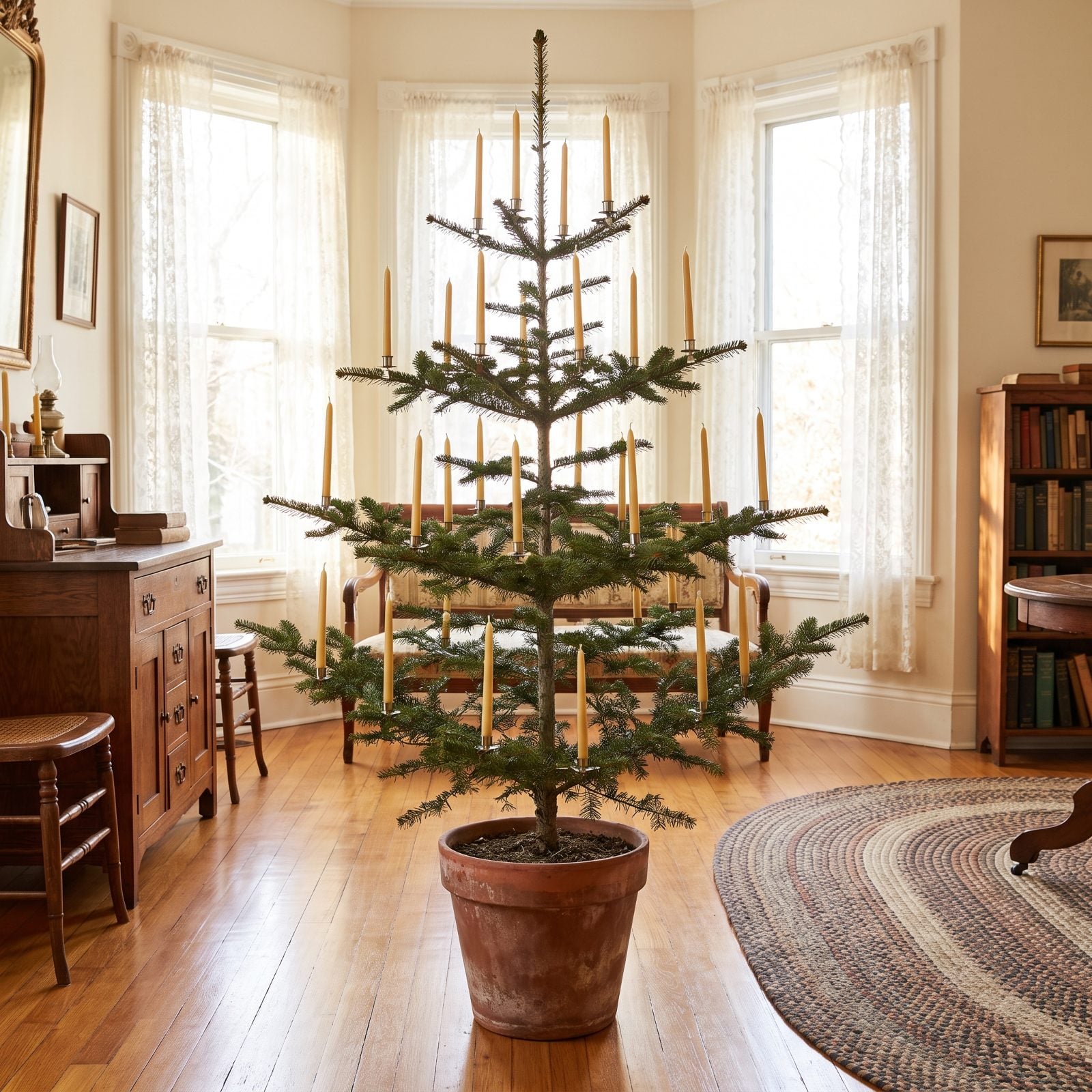 A Minimal Tree Decorated Only With Beeswax Candles