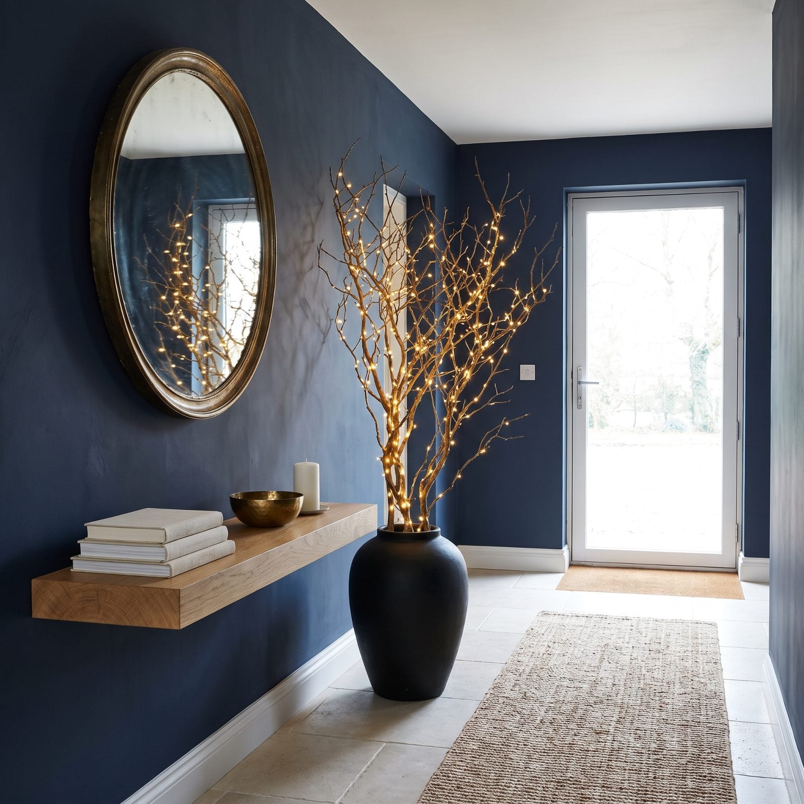 A Minimalist Entry With One Sculptural Bare-Branch Light Tree