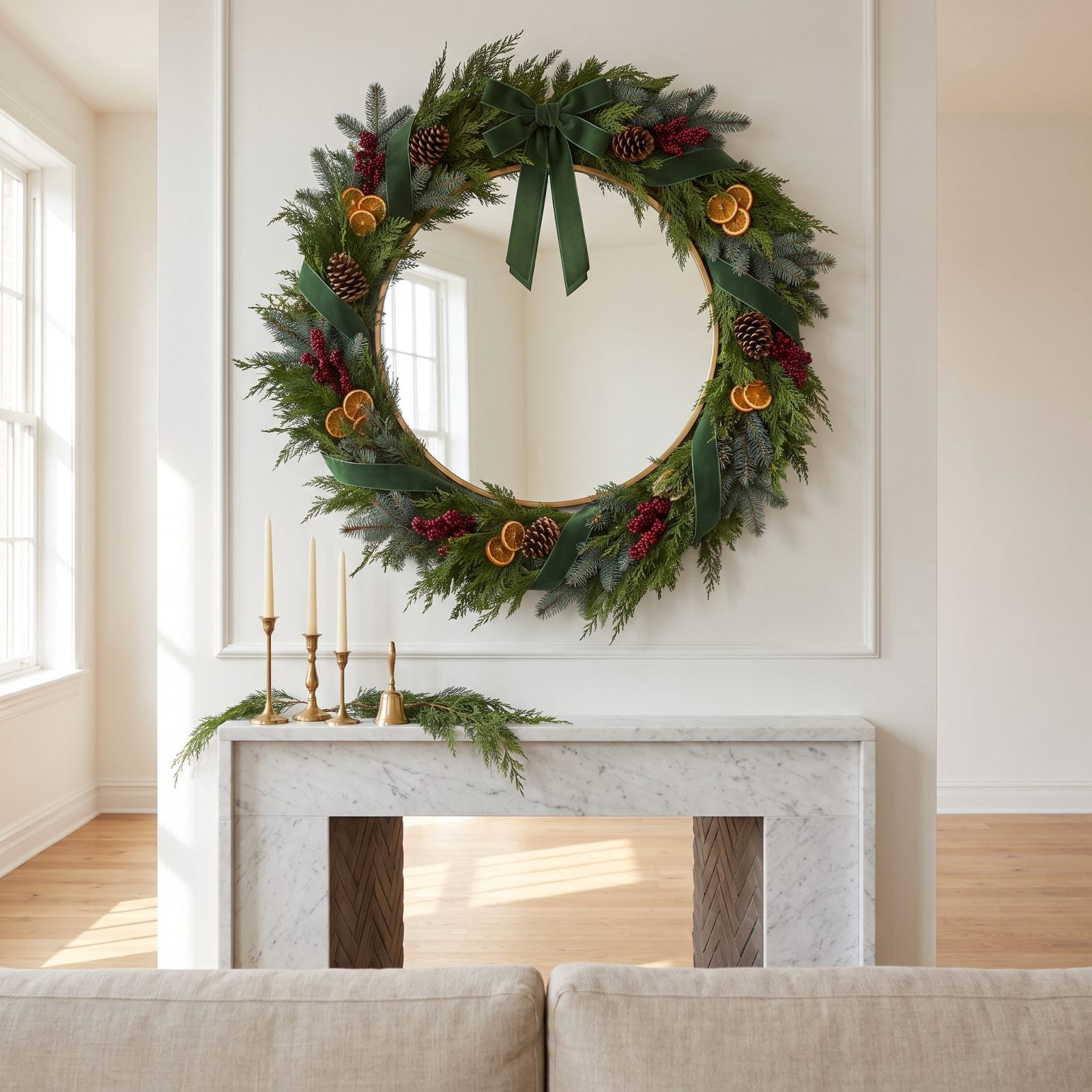 A Mirror Encircled by Cedar, Pinecones and Velvet Ribbon