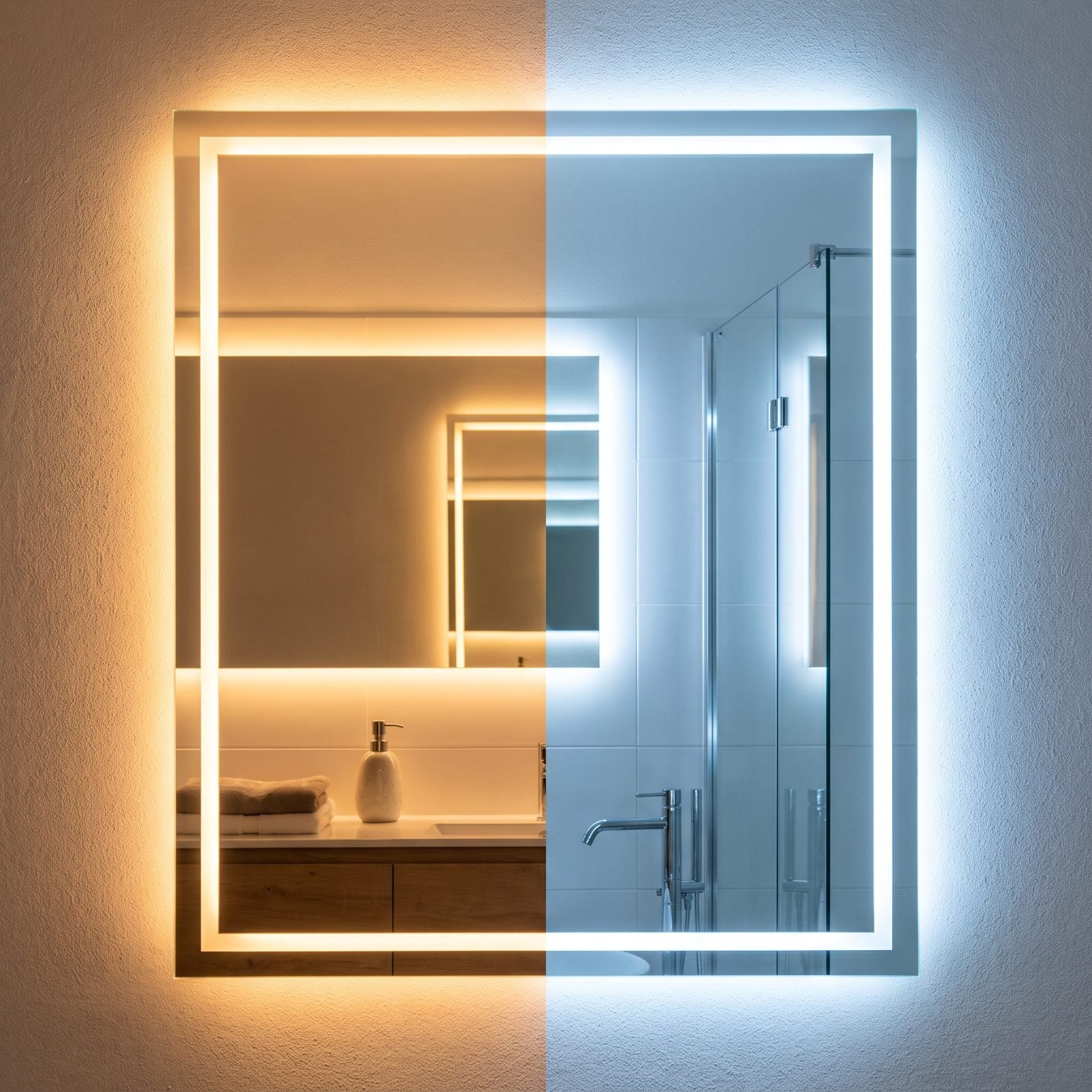 Bathroom mirror with two warm-toned frosted-glass sconces on either side above a white vanity counter.