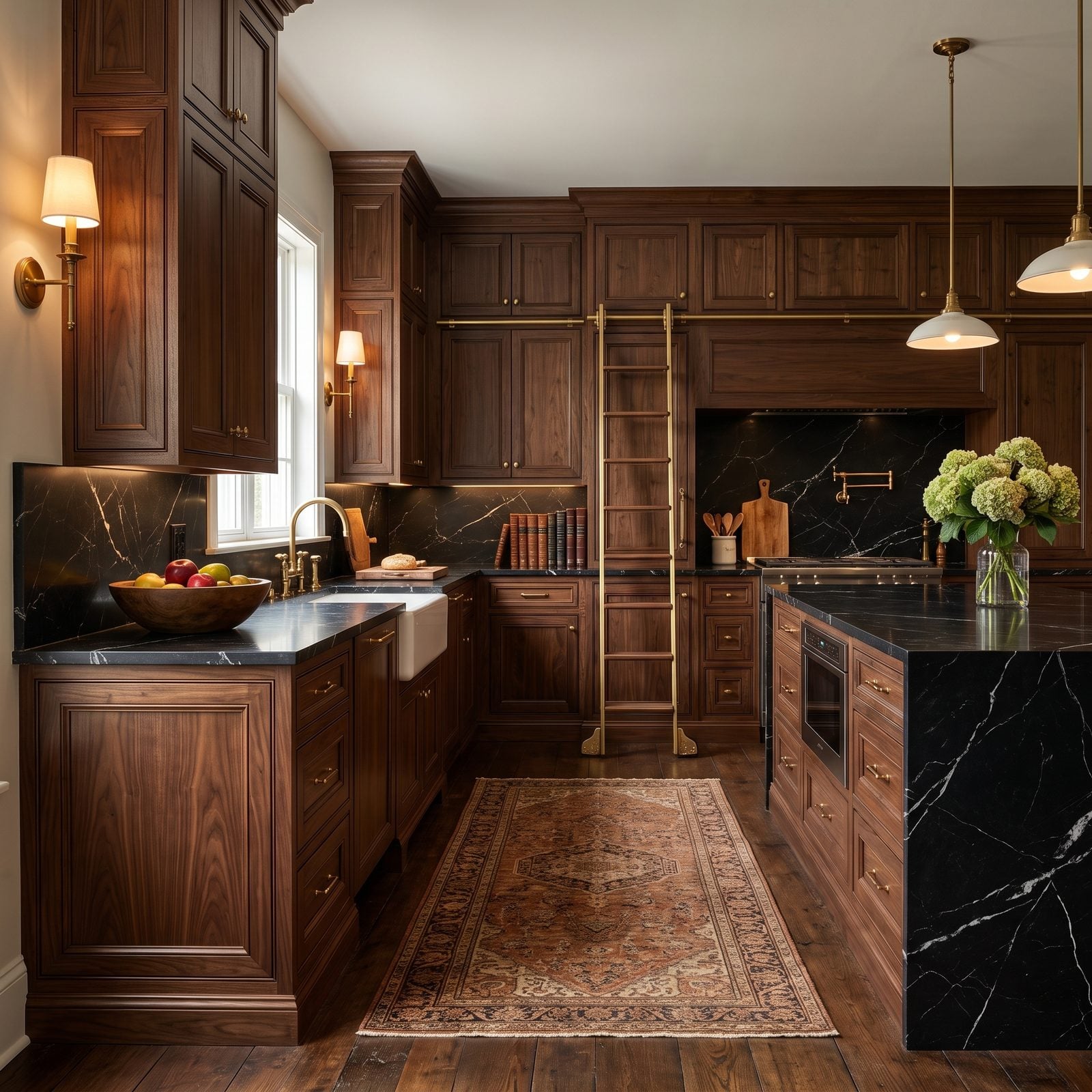 Kitchen with mitered-frame panel cabinet doors: Mitered-frame doors in deep walnut with black marble and a brass library ladder.