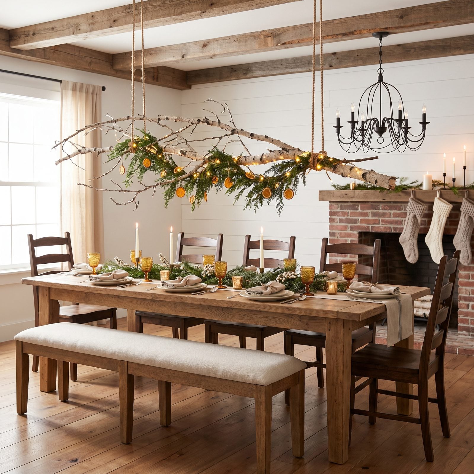 Modern Farmhouse Table Under a Branch Hung From the Rafters