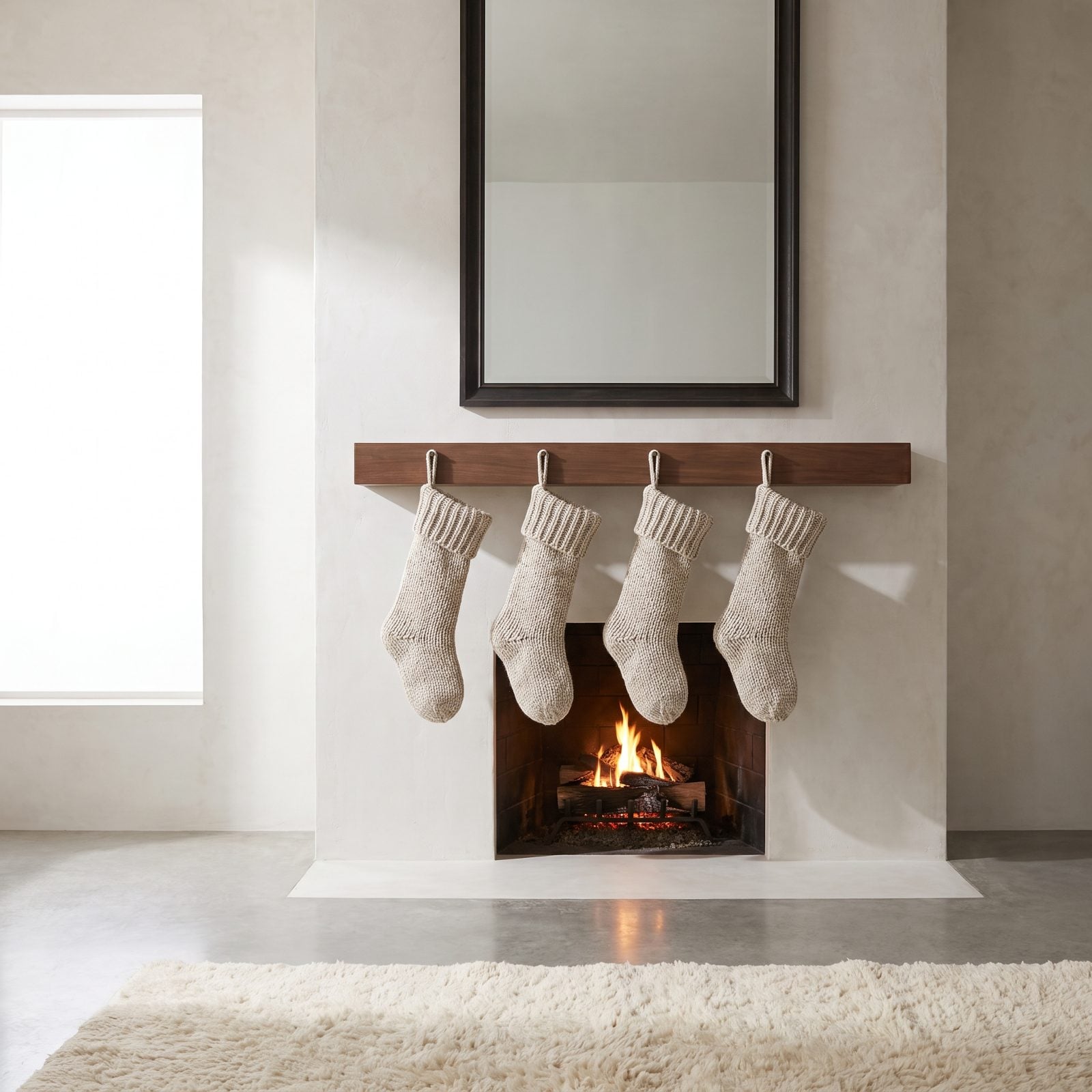A Modern Fireplace With One Row of Matching Knit Stockings
