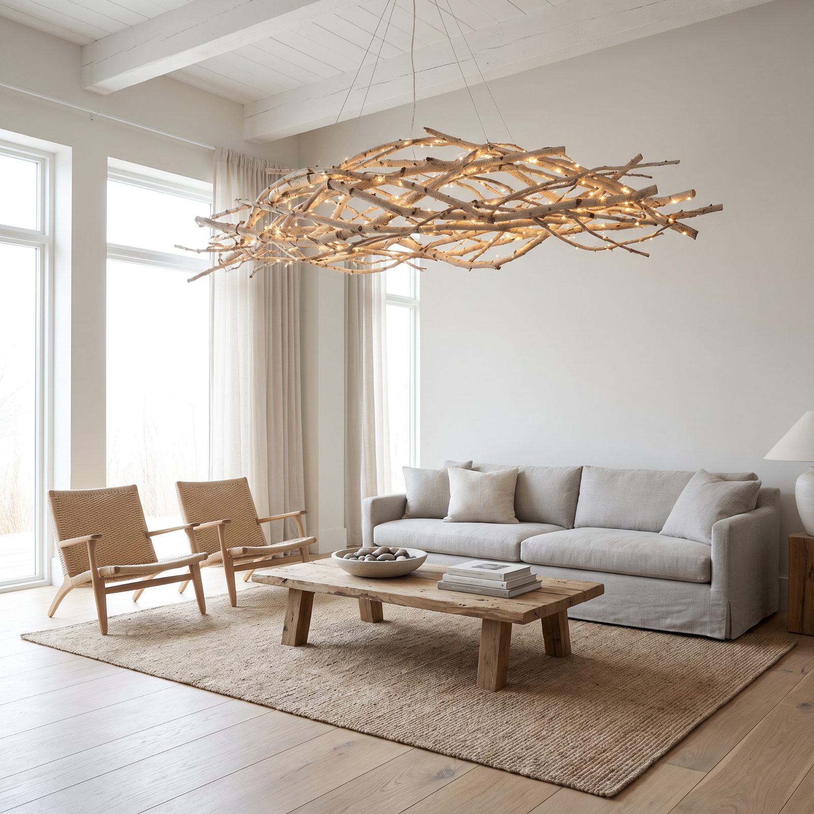 A Modern Living Room Beneath Illuminated Sculptural Branches