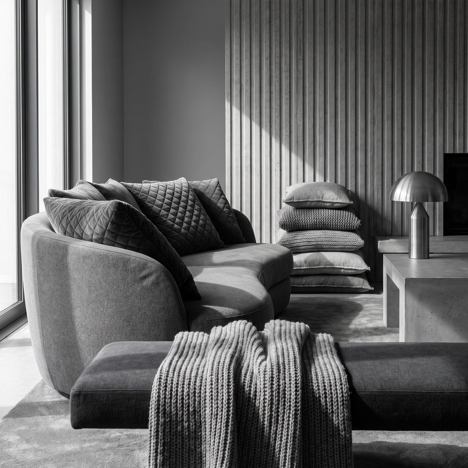 A Monochrome Room Mixing Ribbed, Quilted and Brushed Fabrics
