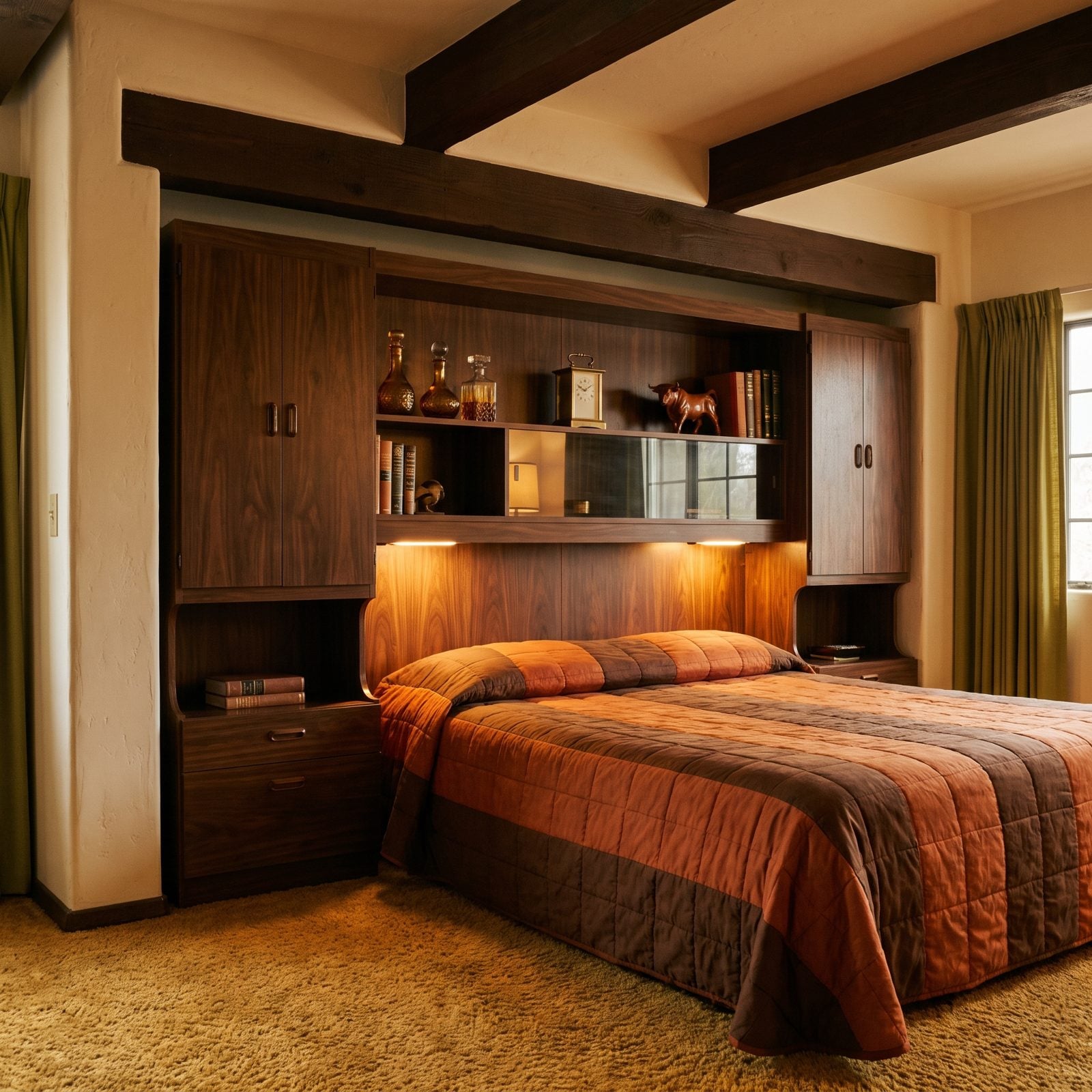 A Monumental Headboard Wall With Built-In Cabinets and Shelves
