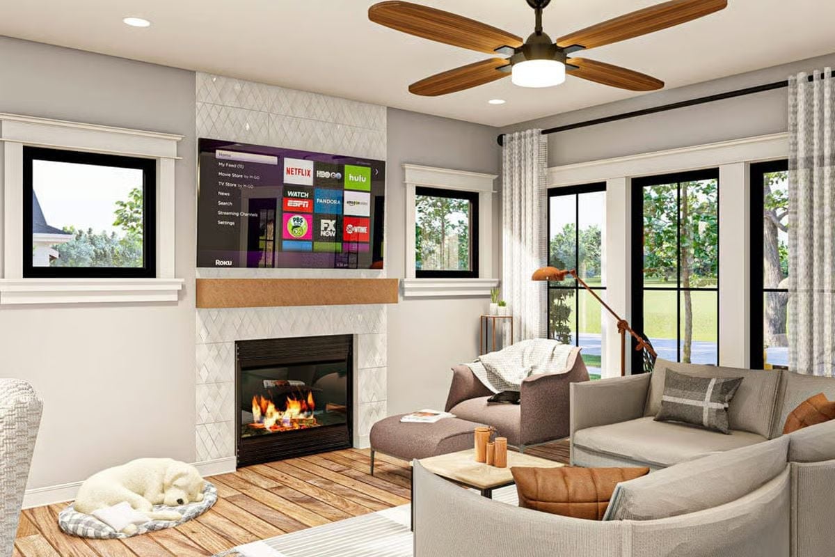 Roku on the Fireplace Wall and a Dog by the Hearth — Living Rooms Don't Get More Lived-In
