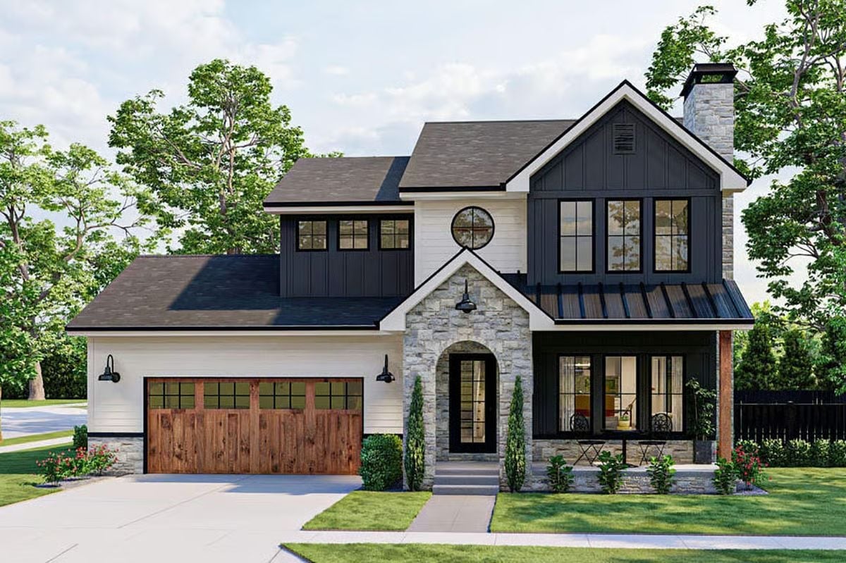 Stone Arch Entry and Dark Board-and-Batten Give This Facade Real Character