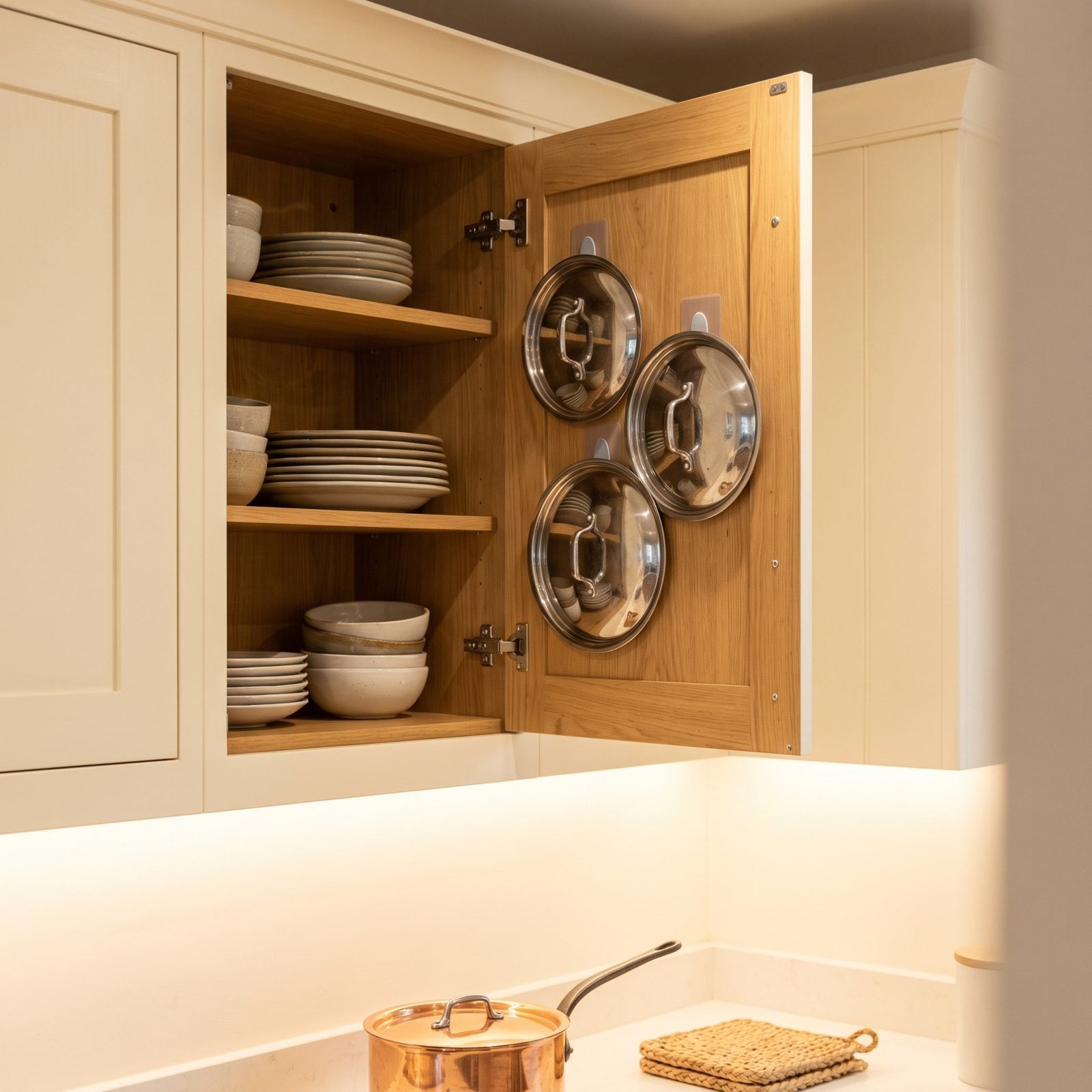 Mount Pot Lids Inside Cabinet Doors With Adhesive Hooks