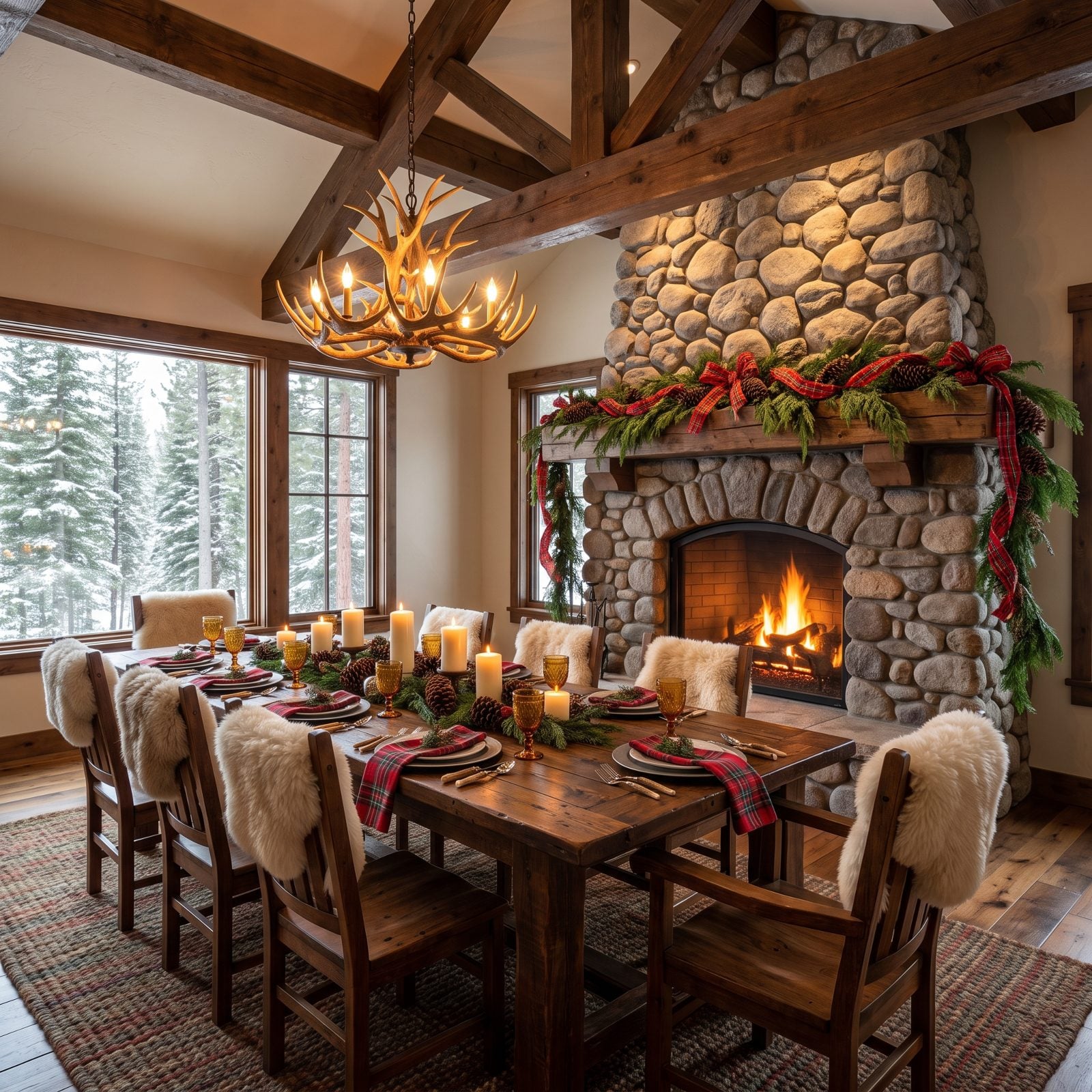 A Mountain Lodge Table Facing the Stone Hearth