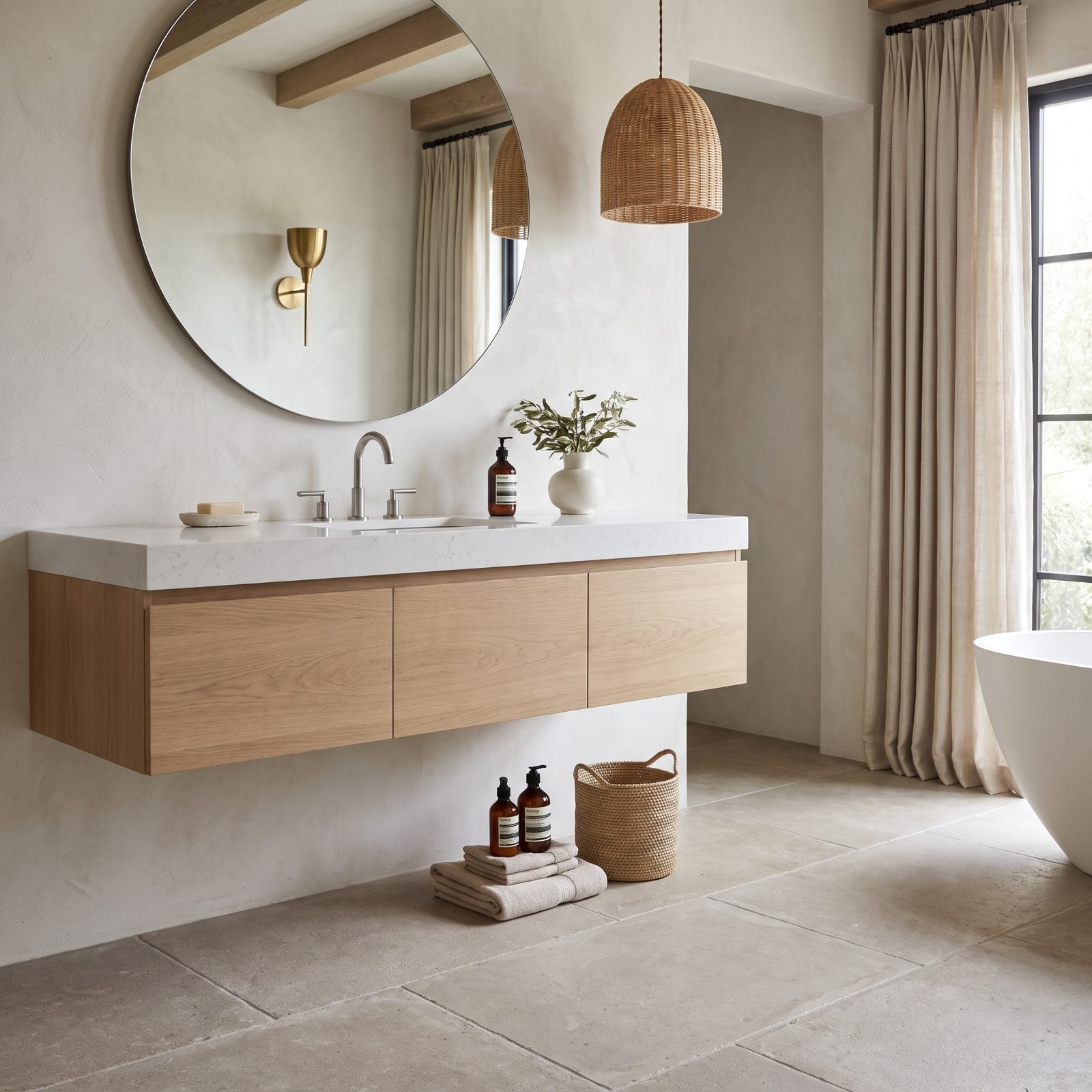 White oak floating bathroom vanity with a single thin drawer and toiletries crowding the narrow countertop.