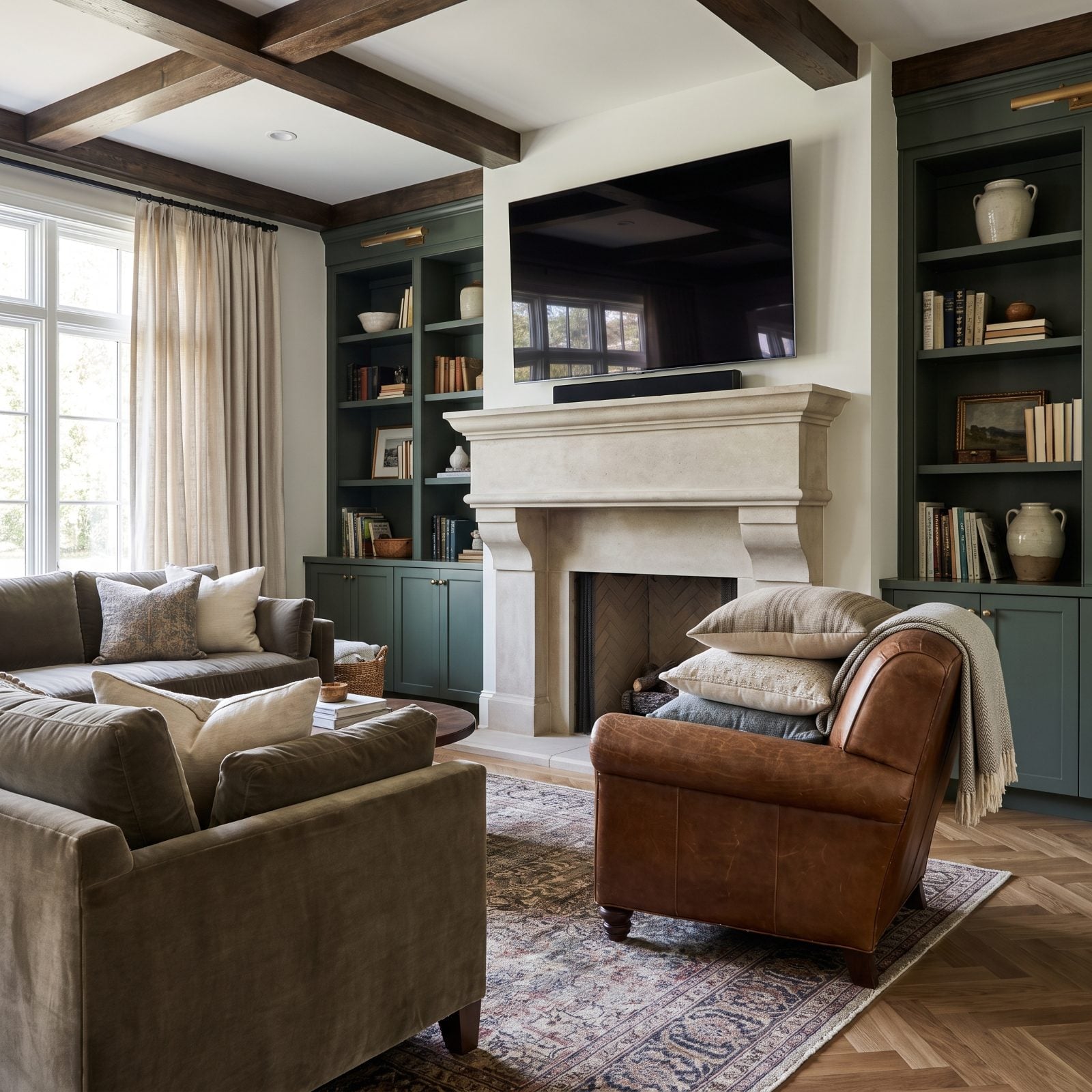 Living room with a flat-screen television mounted above a high fireplace mantel, well above seated eye level.