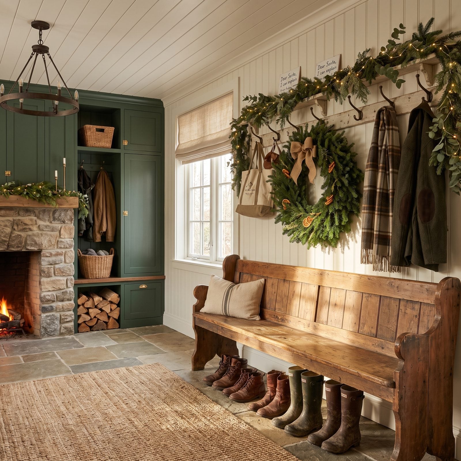 A Mudroom Anchored by a Festive Boot-and-Coat Display