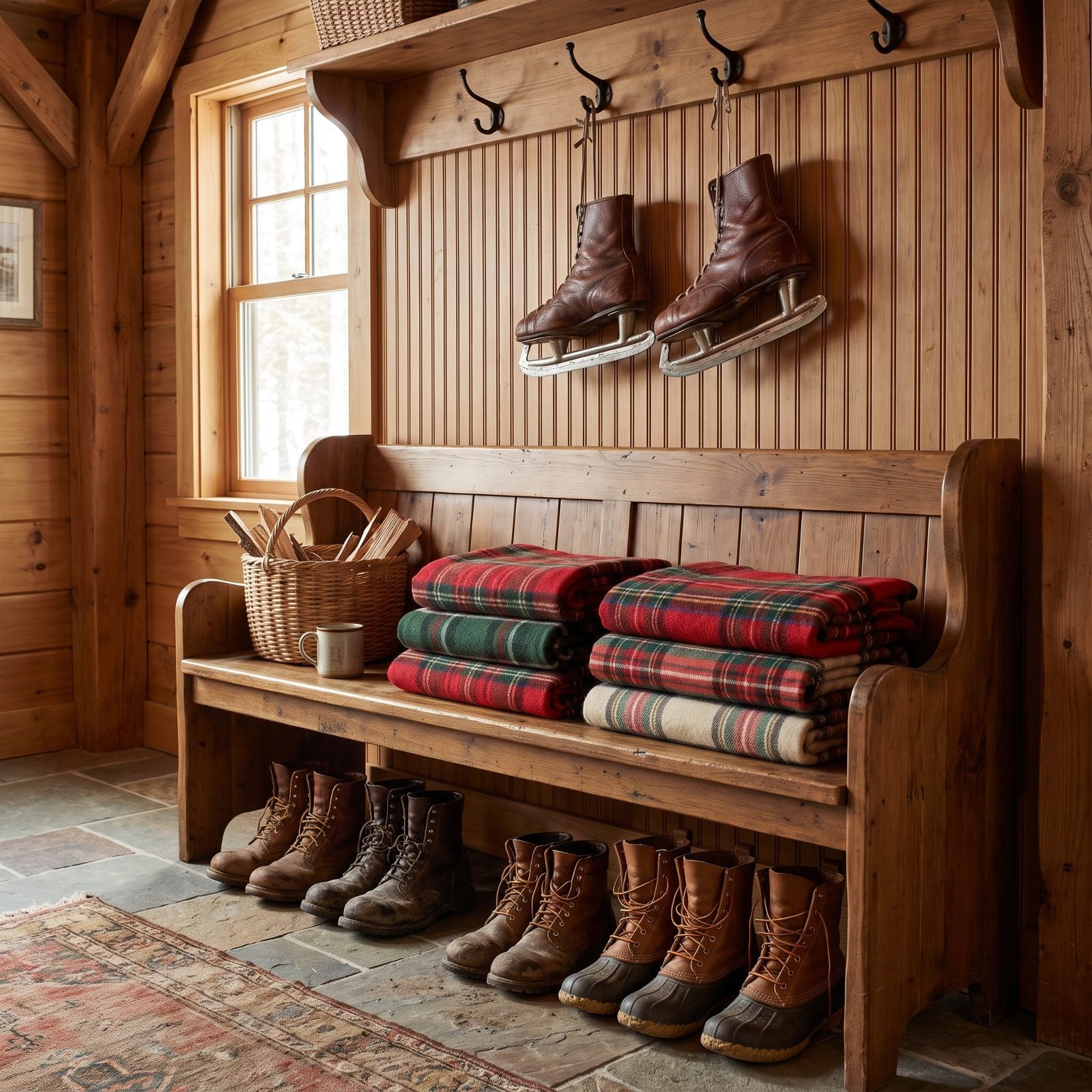 A Mudroom Bench Staged with Skates, Boots and Wool Blankets