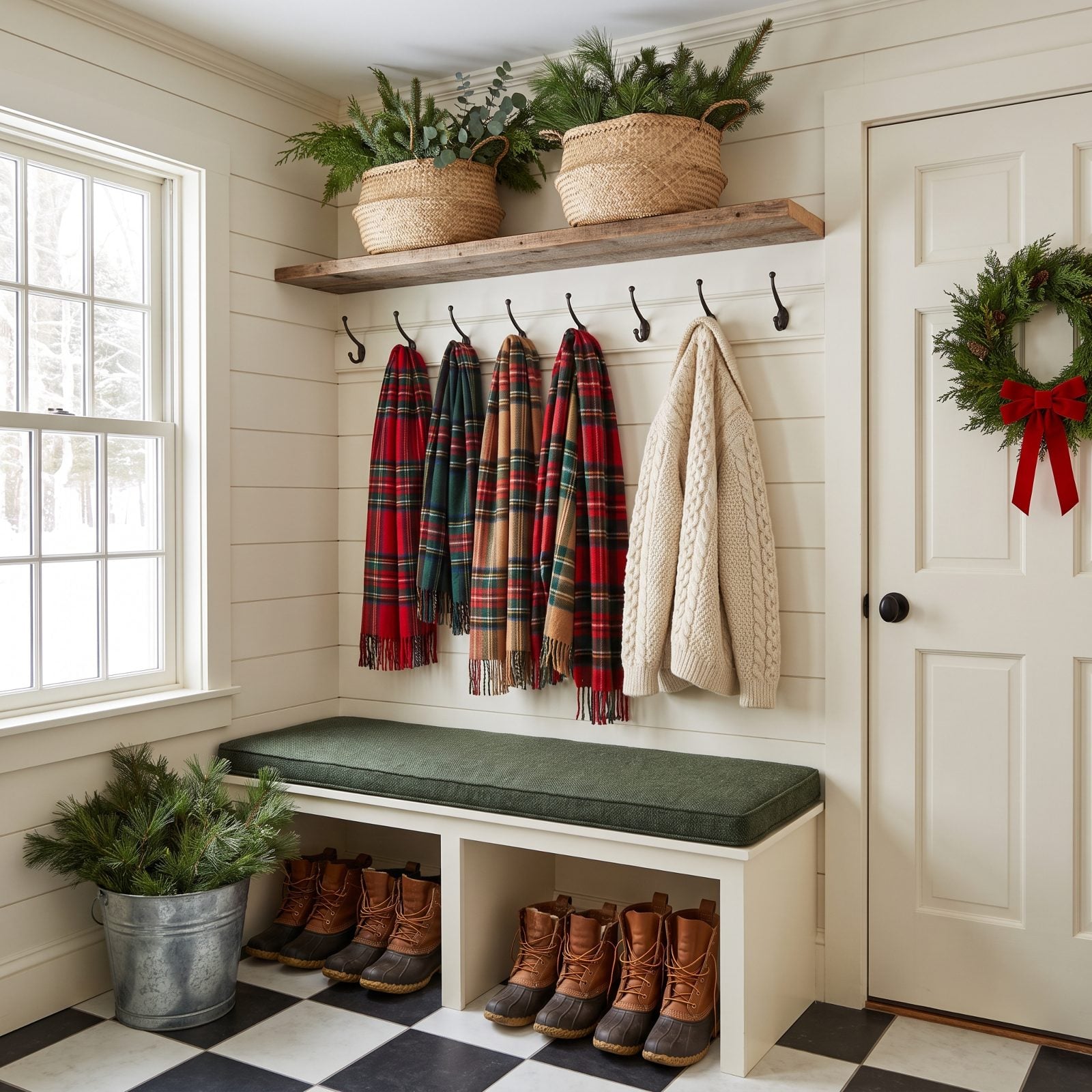 A Mudroom With Plaid Scarves, Evergreen Baskets and Boots