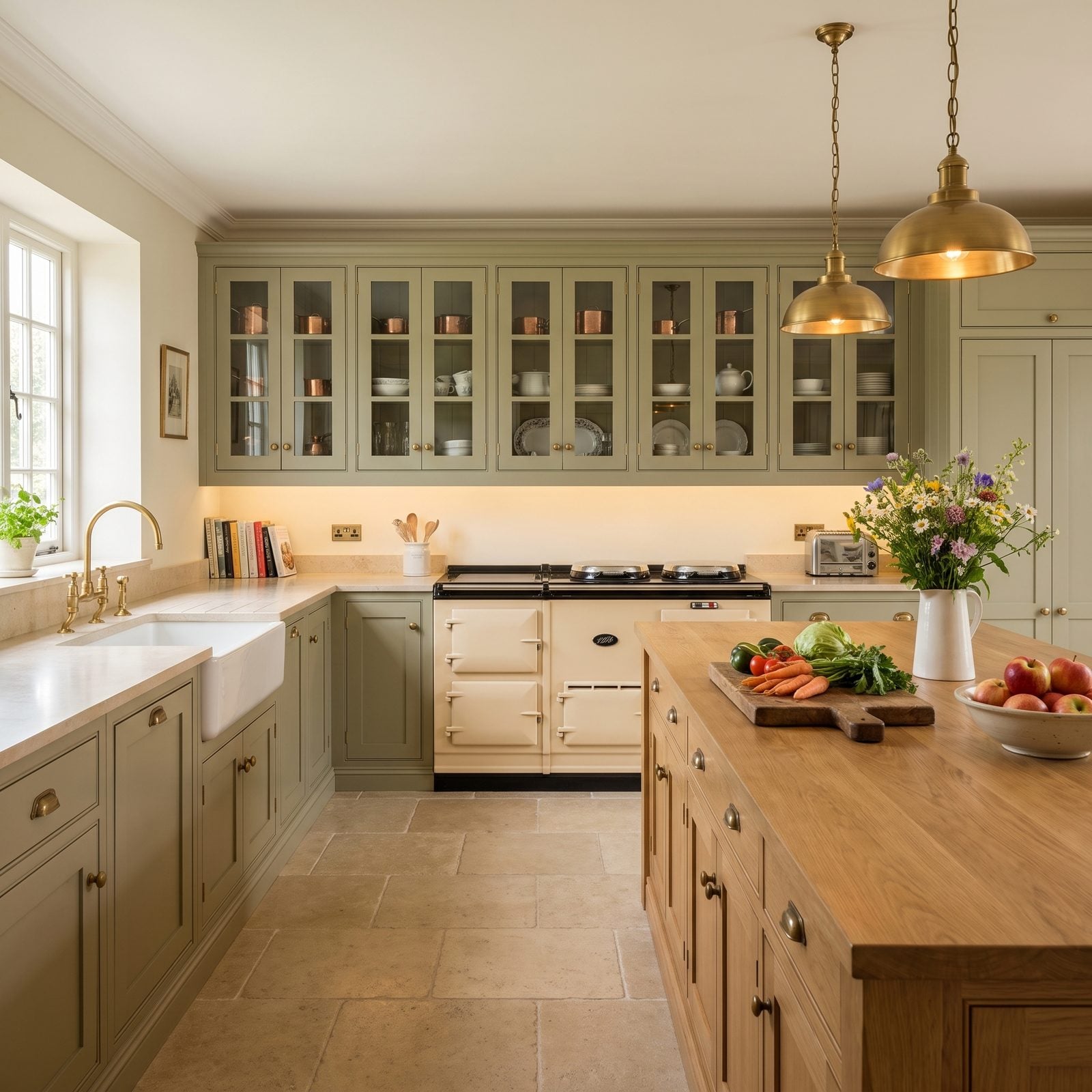 Kitchen with mullion glass-front cabinet doors: Six-pane mullion uppers displaying ironstone and copper above soft-olive Shaker lowers.