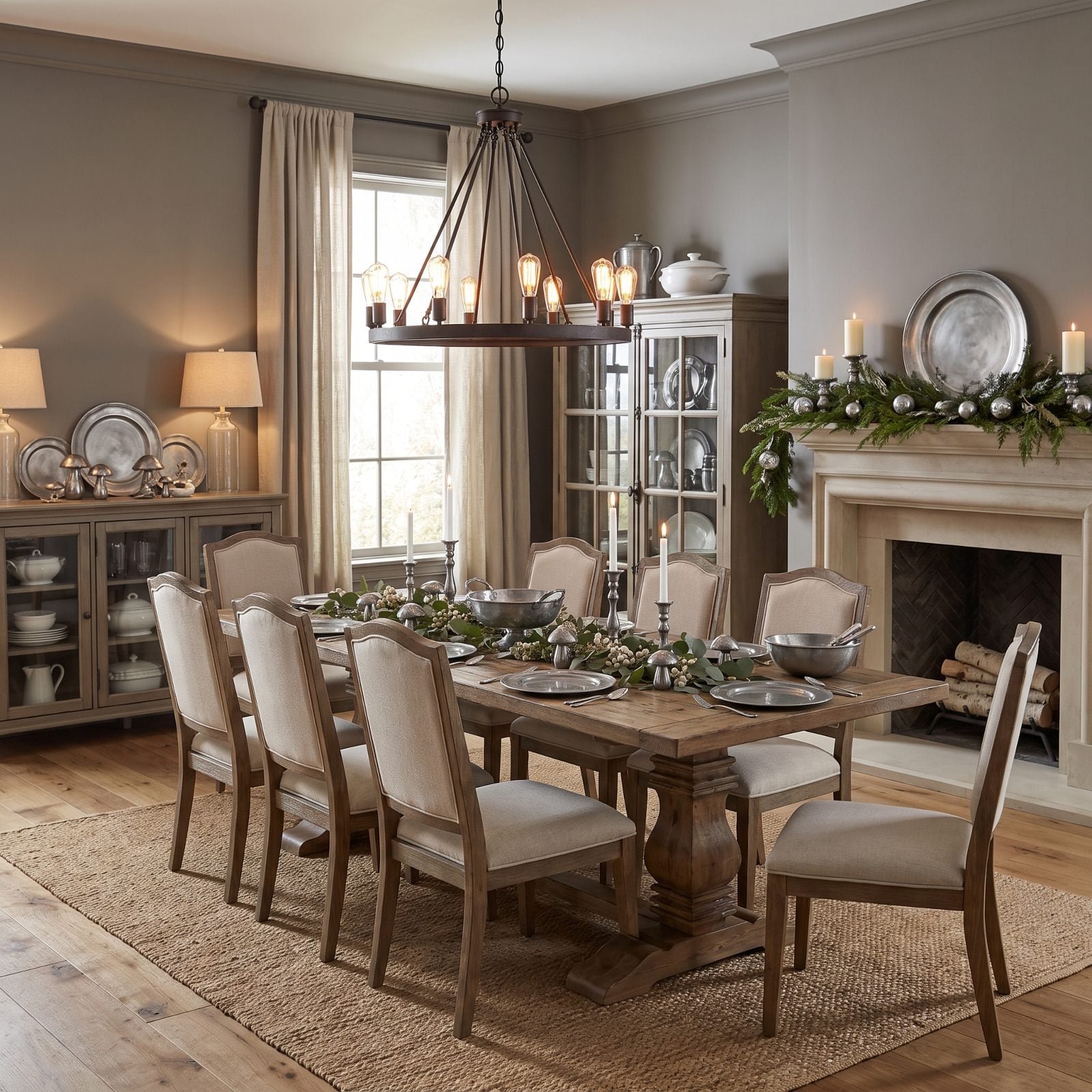 A Mushroom-Gray Dining Room with Pewter Holiday Accents