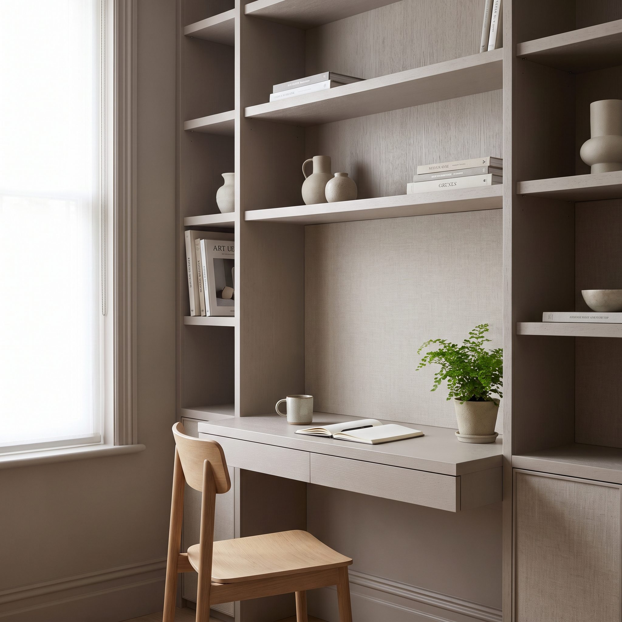 Mushroom Home Office, Walls, Built-Ins, and Trim Merge Into One Quiet Backdrop
