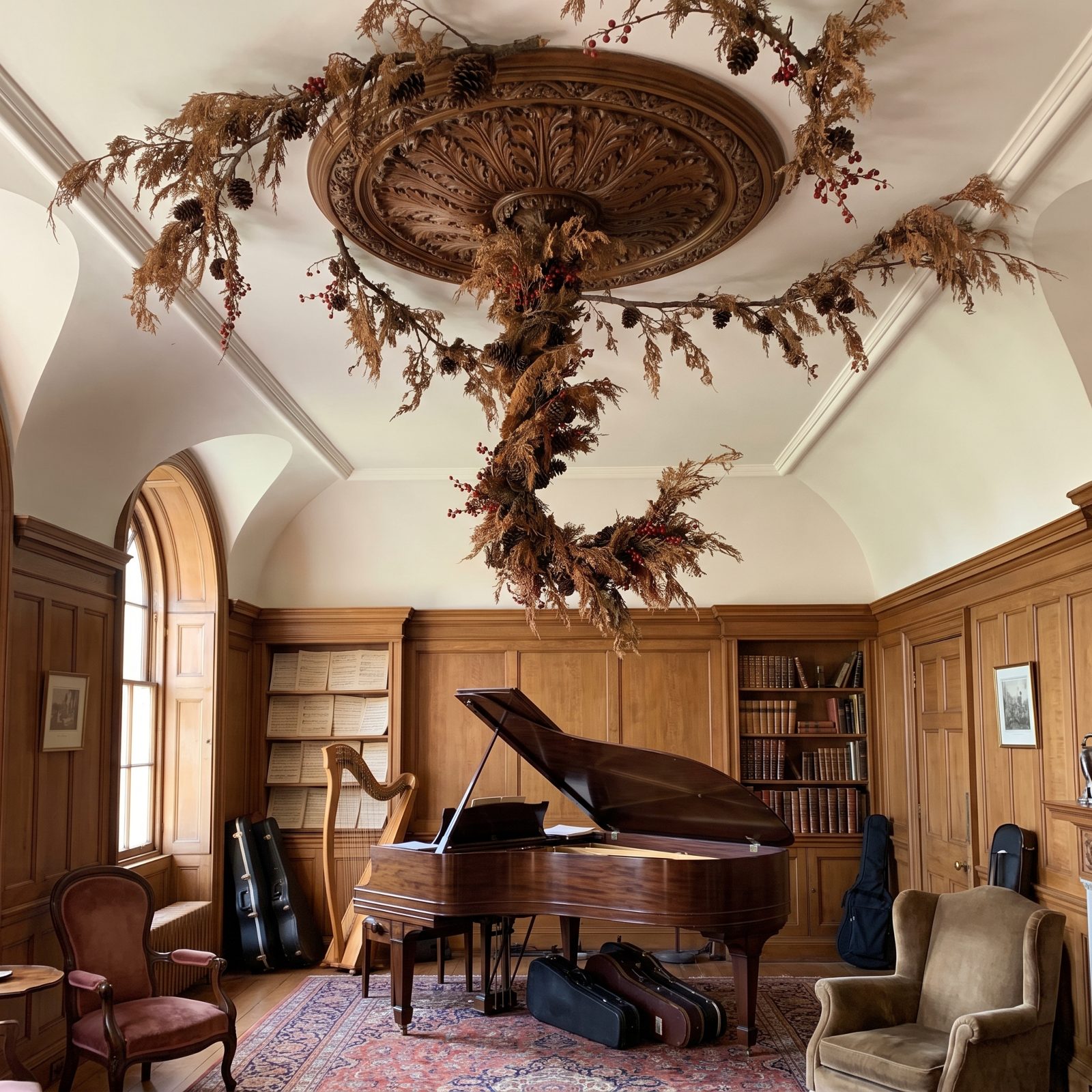 A Music Room With Garland Climbing Into the Ceiling Medallion