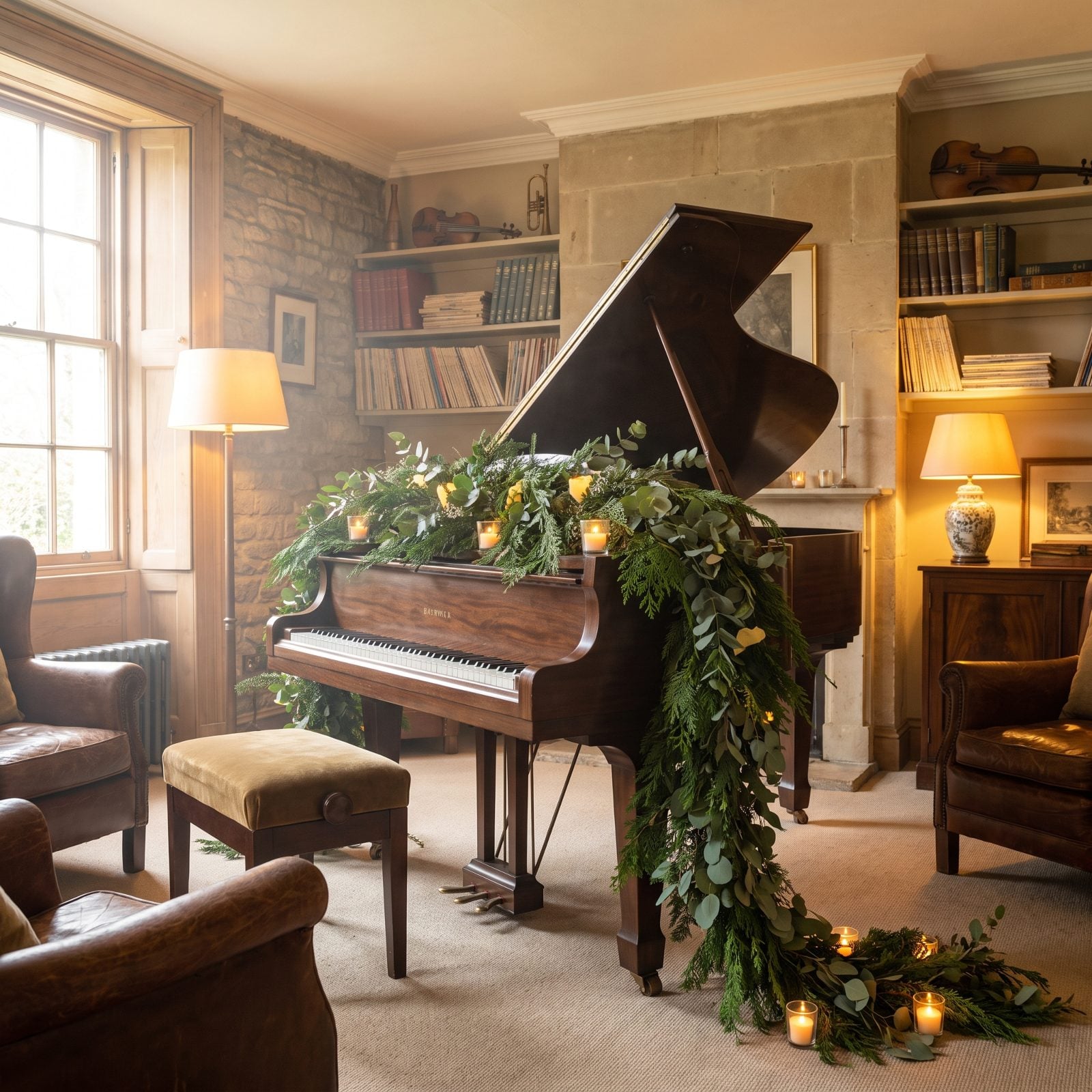 A Music Room Piano Draped in Greenery and Candlelight