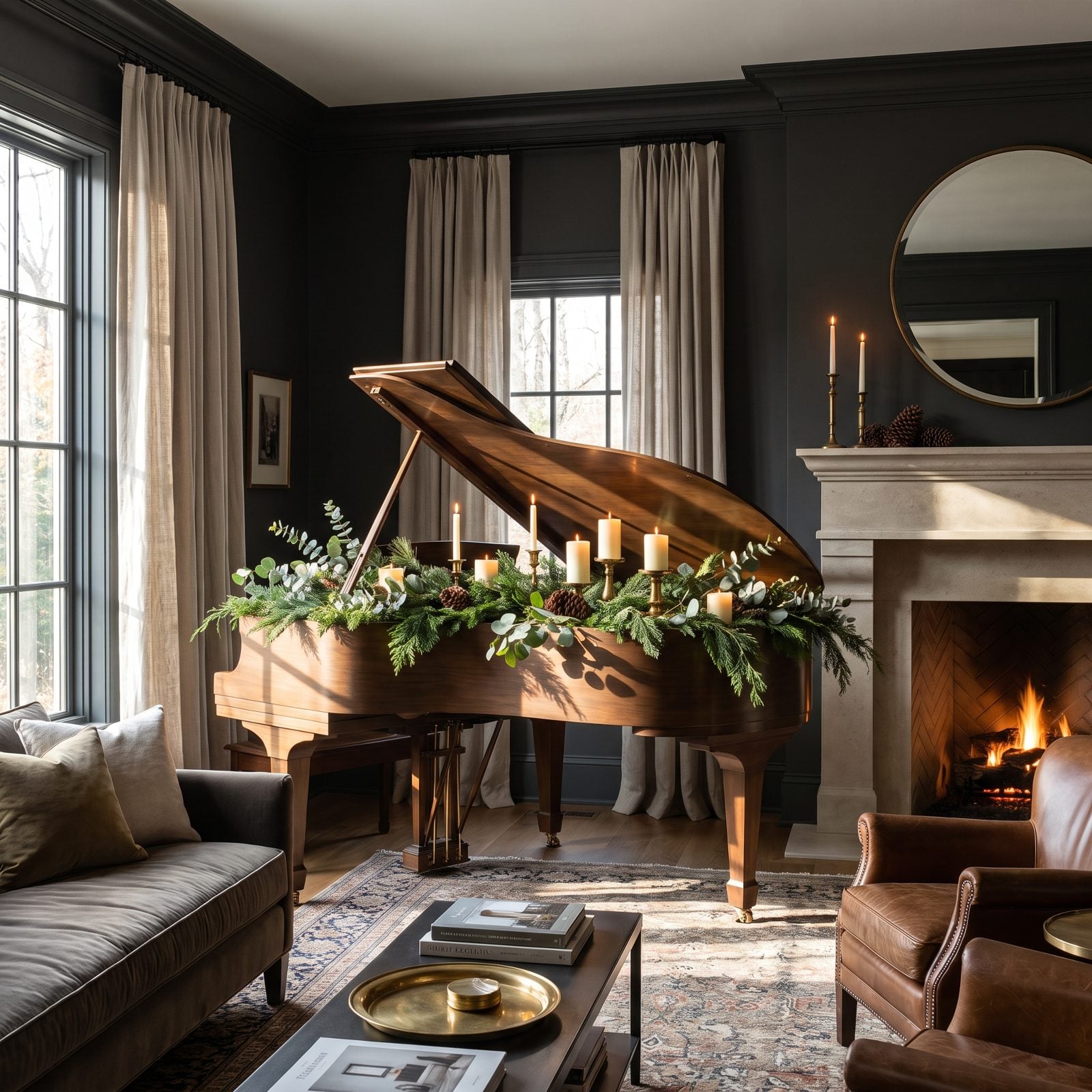 A Music Room Where the Piano Becomes the Holiday Centerpiece