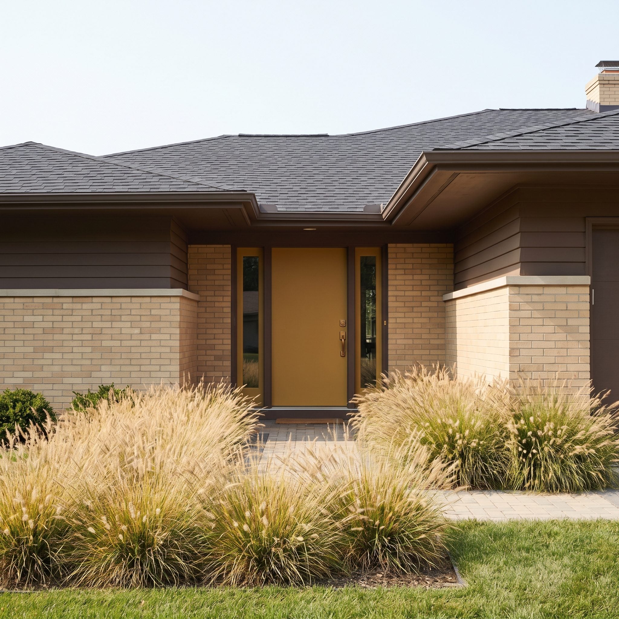 Mustard-gold front door on a Prairie-style home with buff brick and horizontal architectural detailing