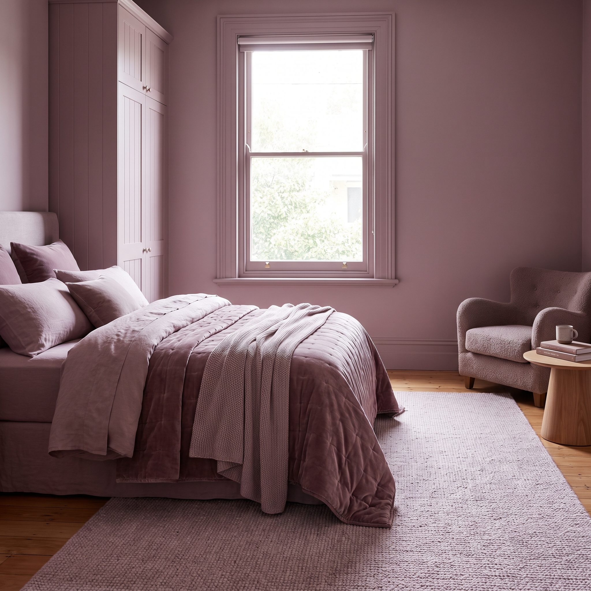 Muted Mauve Bedroom, Tonal Bedding and Painted Woodwork Complete the Envelope